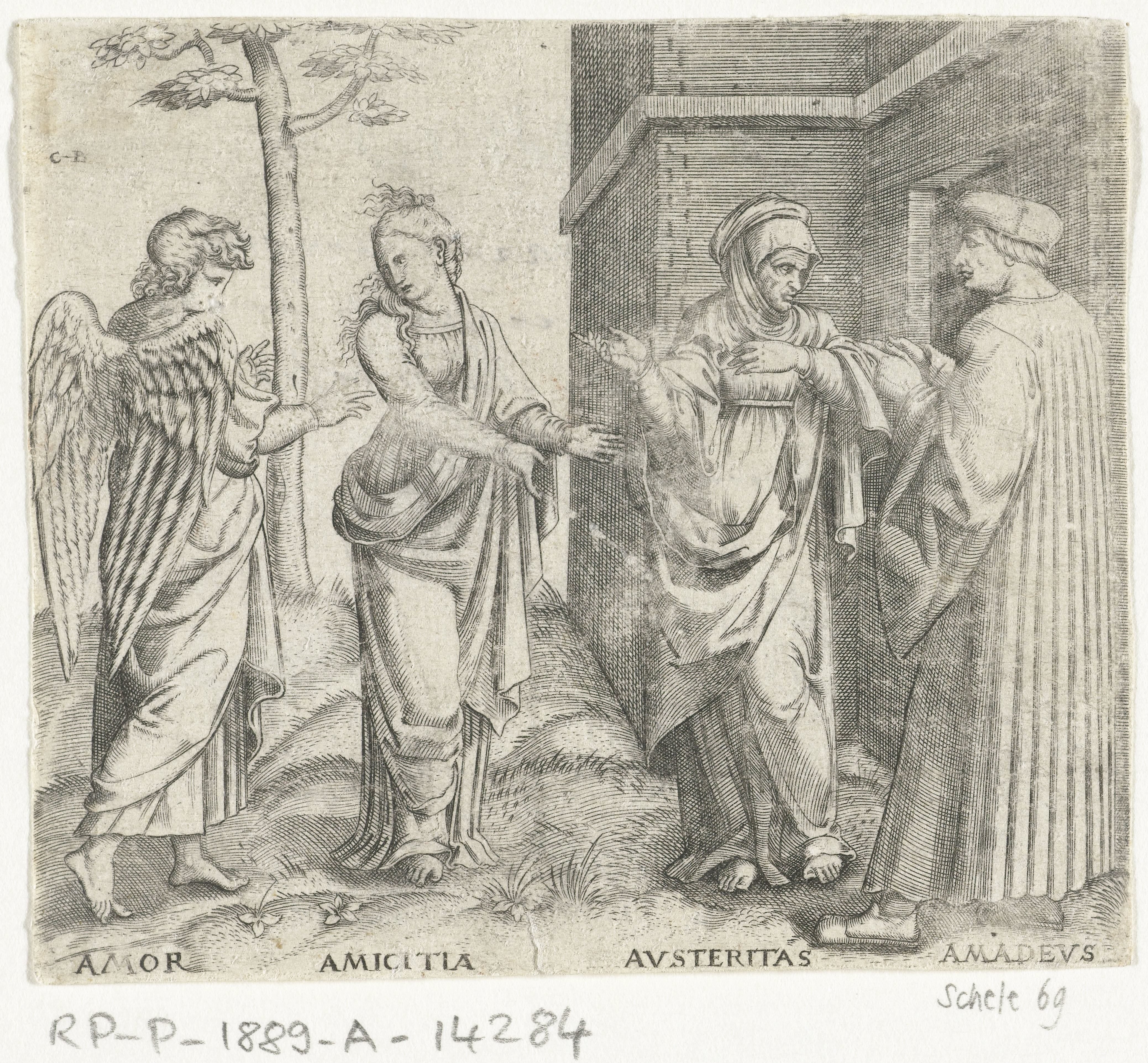 Amadeus Berutti met Strengheid (Austeritas) en Vriendschap (Amicitia) en Liefde (Amor)
