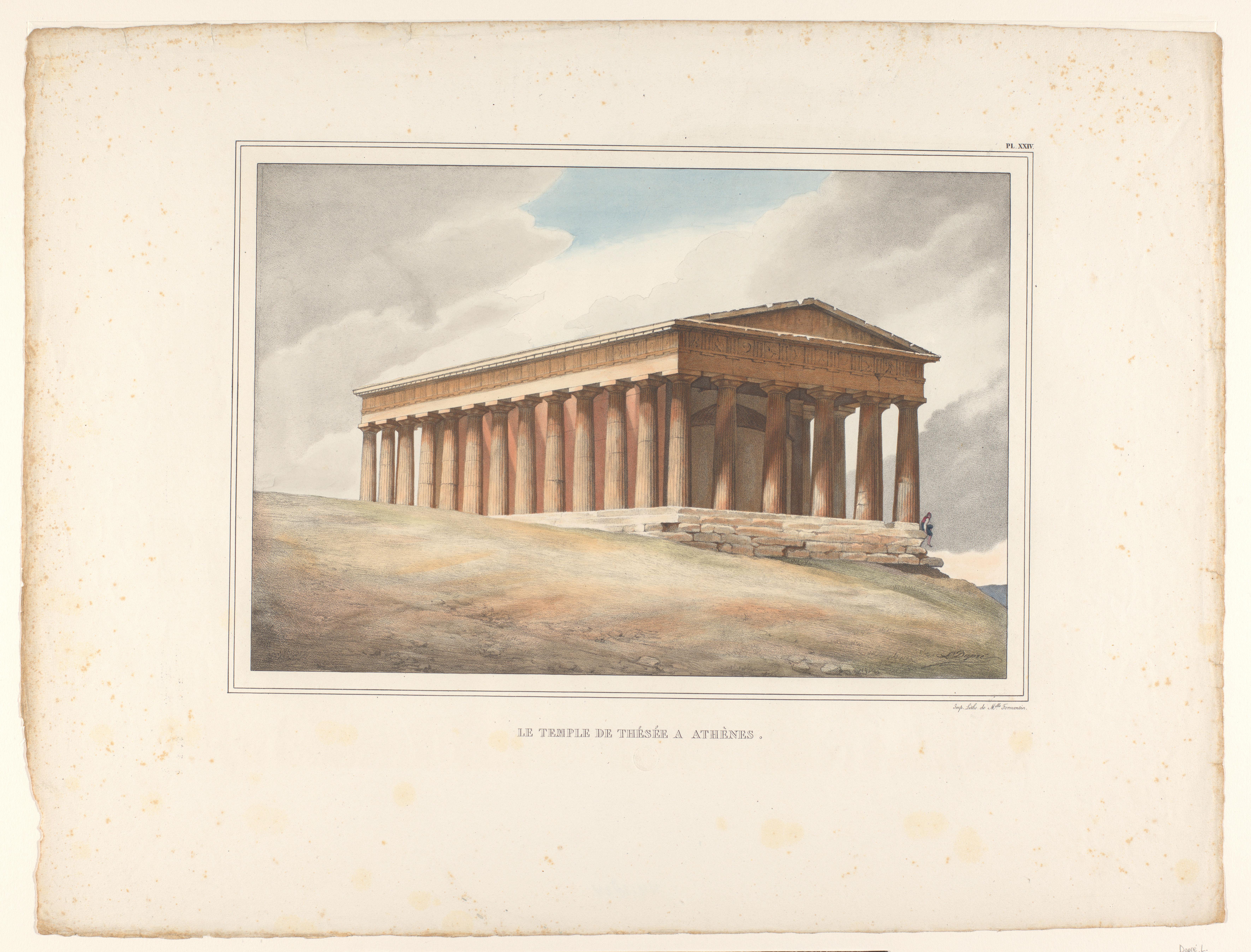 Gezicht op Tempel van Hephaistos met zittende figuur