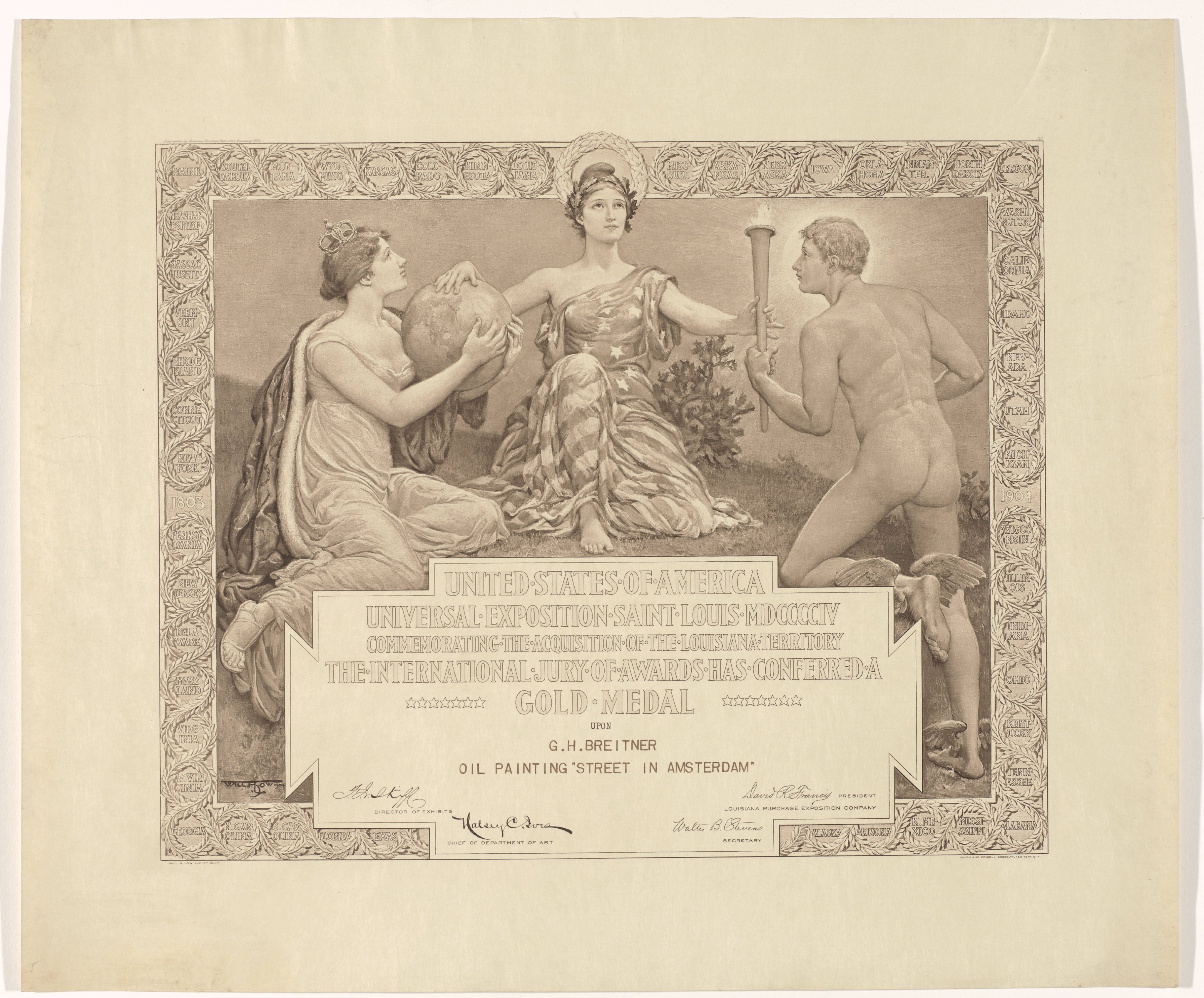 Diploma van George Hendrik Breitner voor diens gouden medaille op de Wereldtentoonstelling van 1904 te Saint Louis