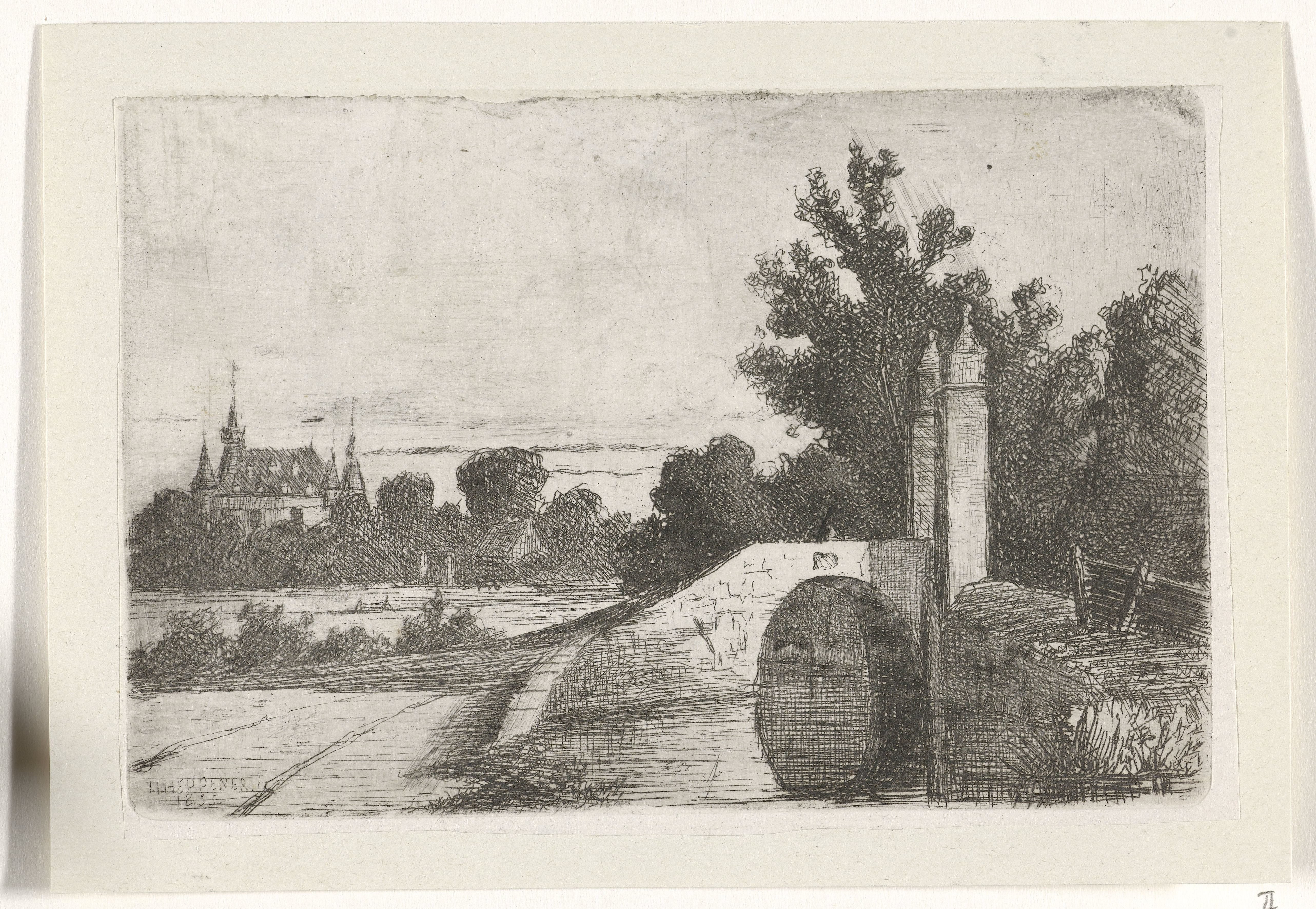 Landschap met stenen brug en kasteel