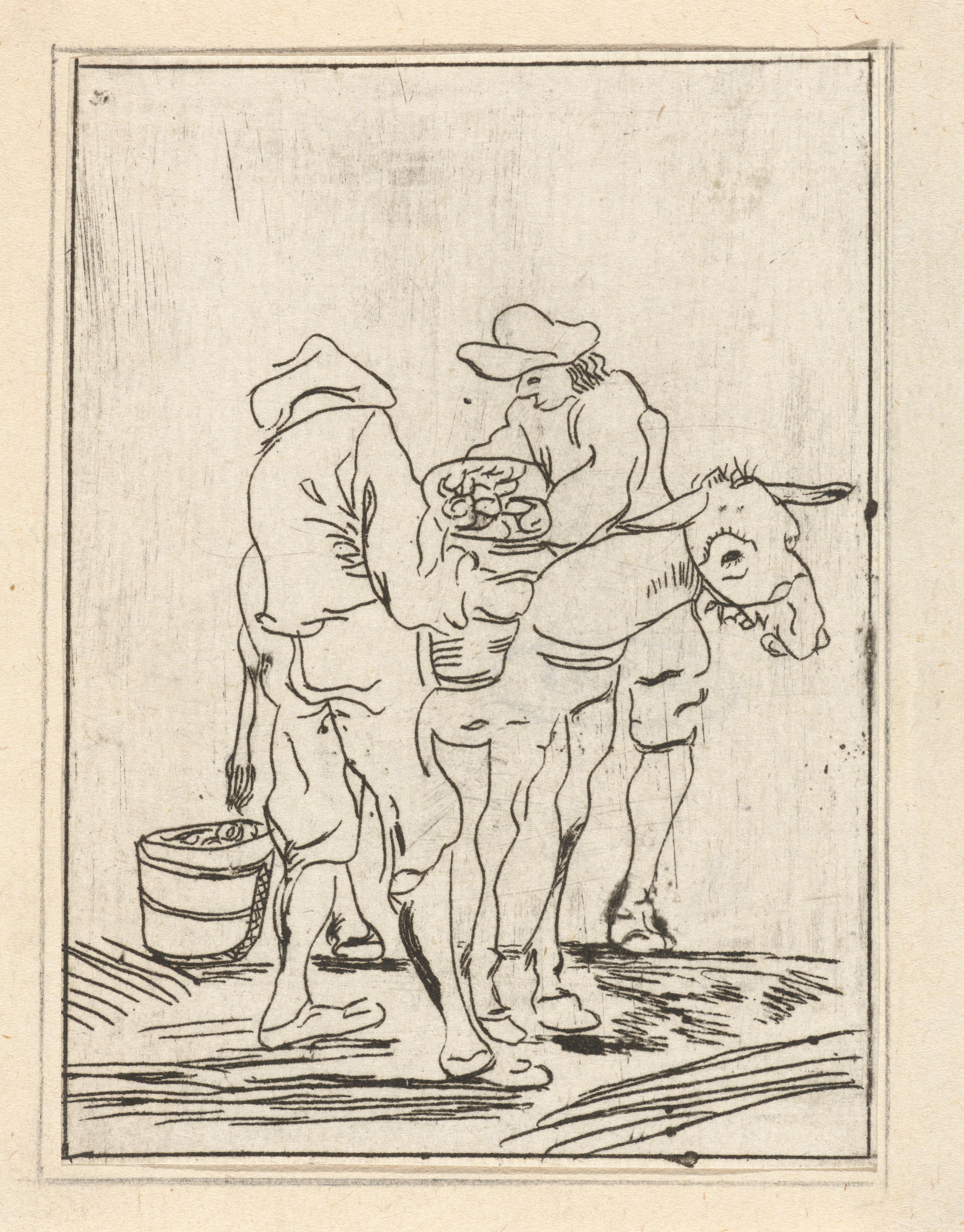 Twee figuren bij een ezel