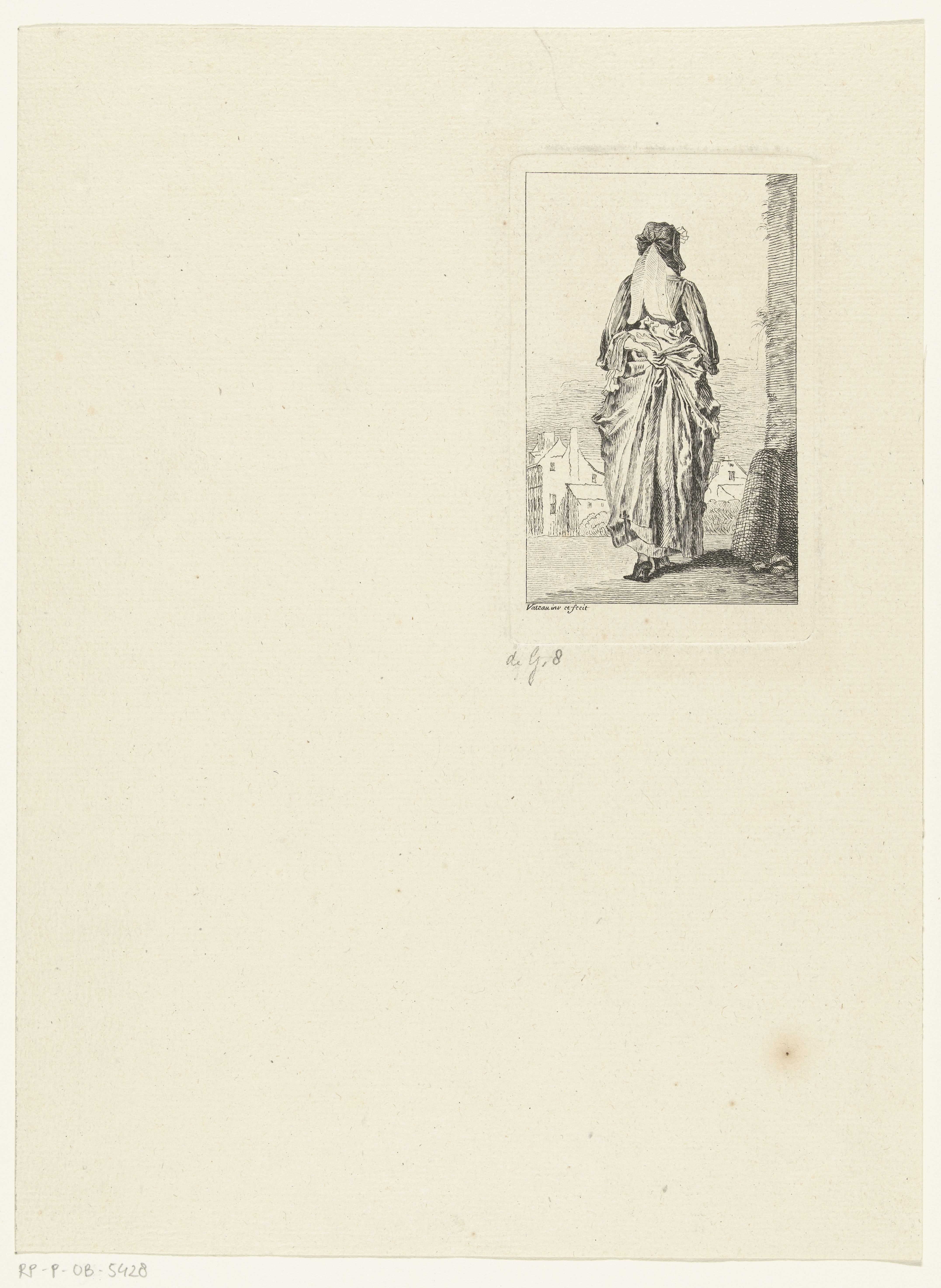 Vrouw op de rug gezien en gekleed volgens de mode van ca. 1710