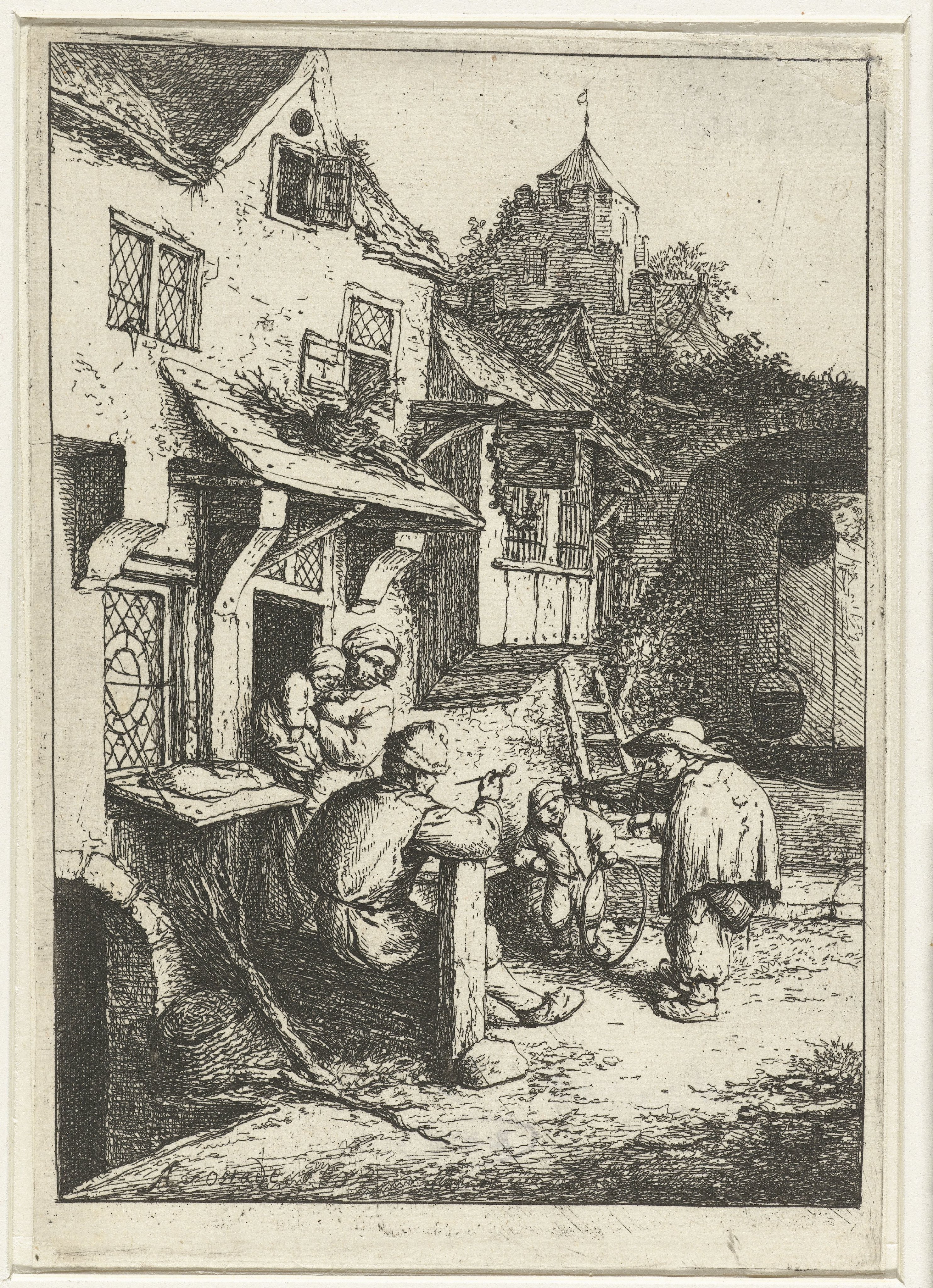 Gebochelde vioolspeler voor een herberg