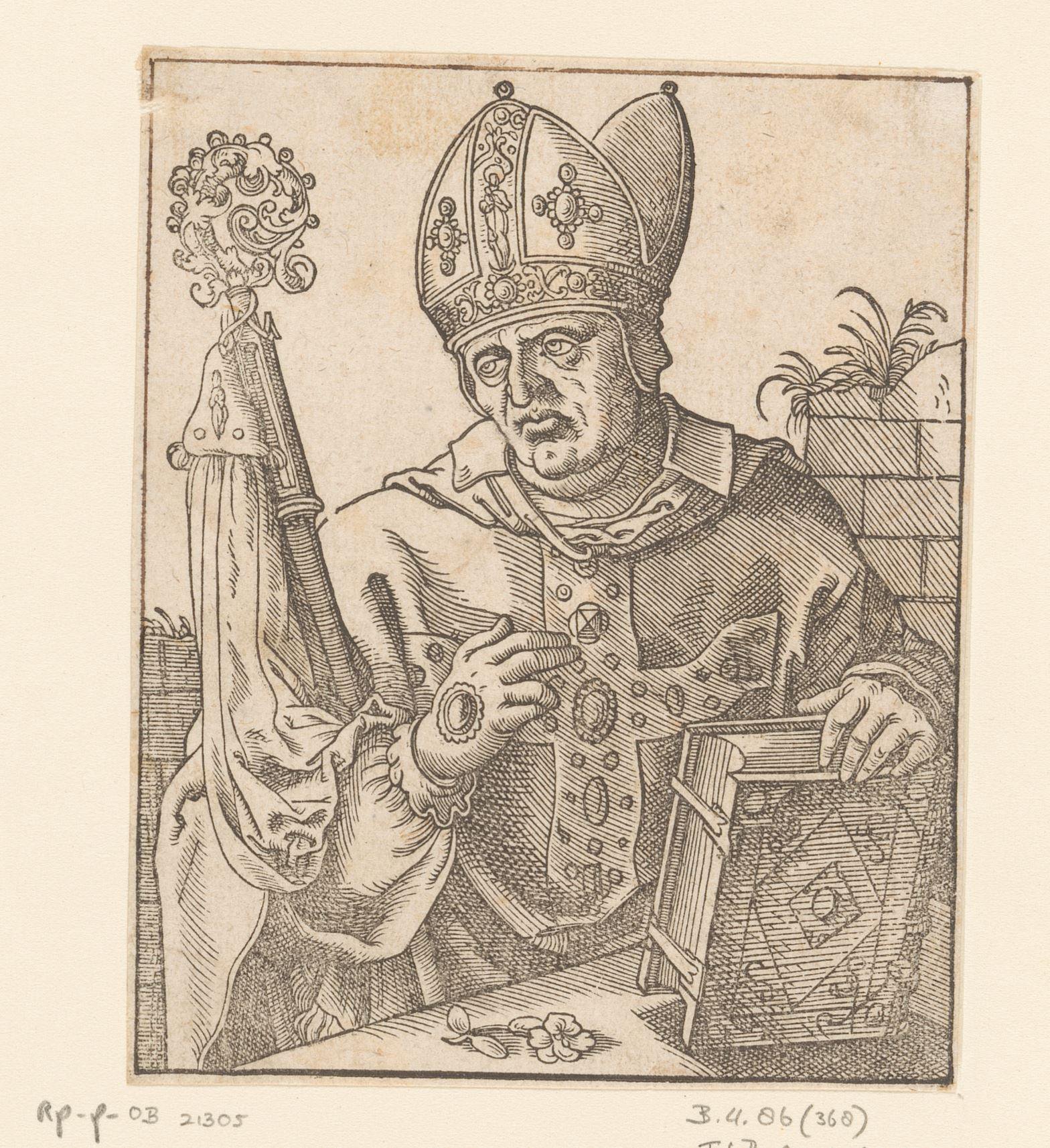 Bisschop achter een tafel met een bloem en een gesloten boek