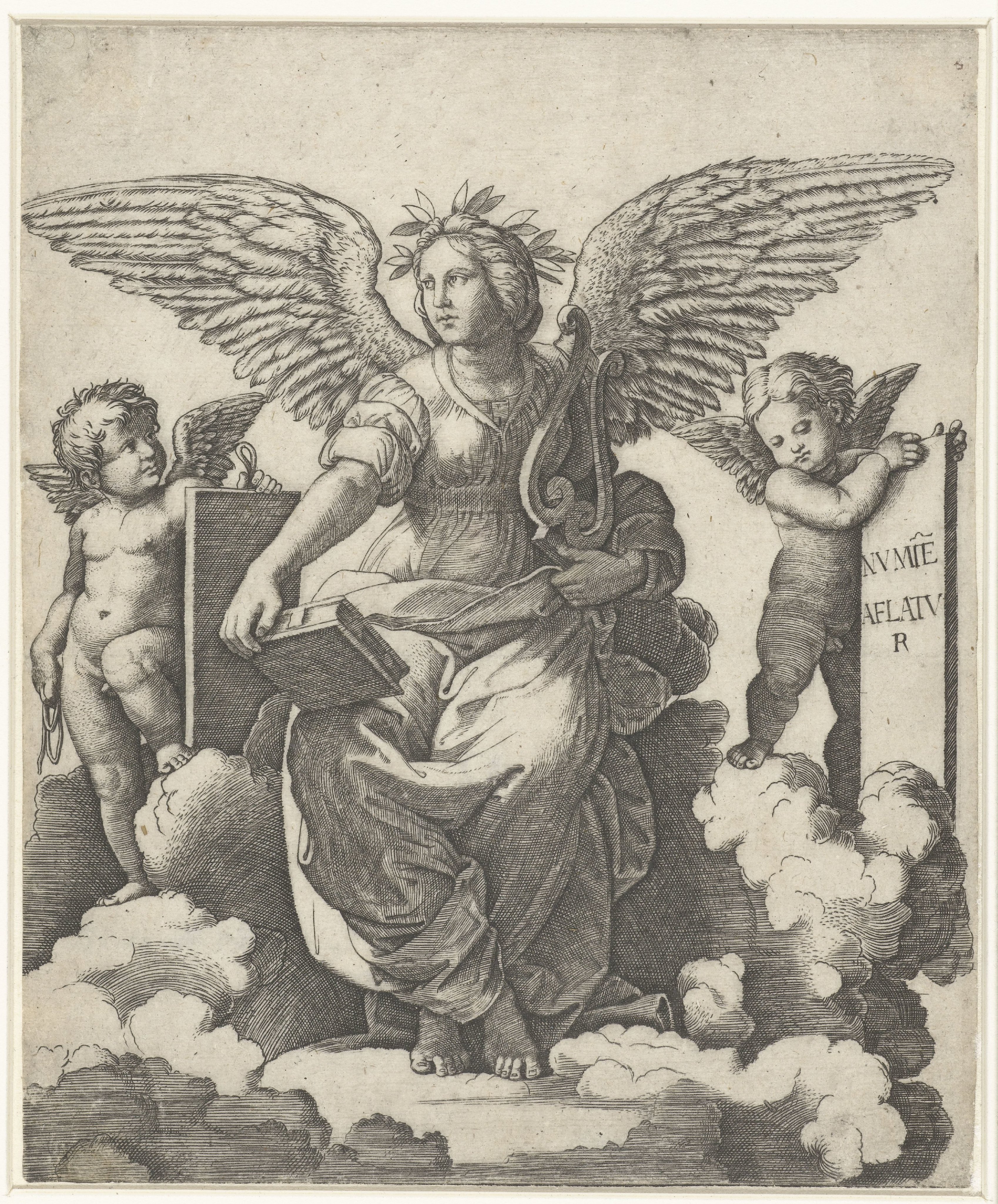 Gevleugelde vrouw als muze van Poëzie met boek en lier zittend op wolken geflankeerd door putti