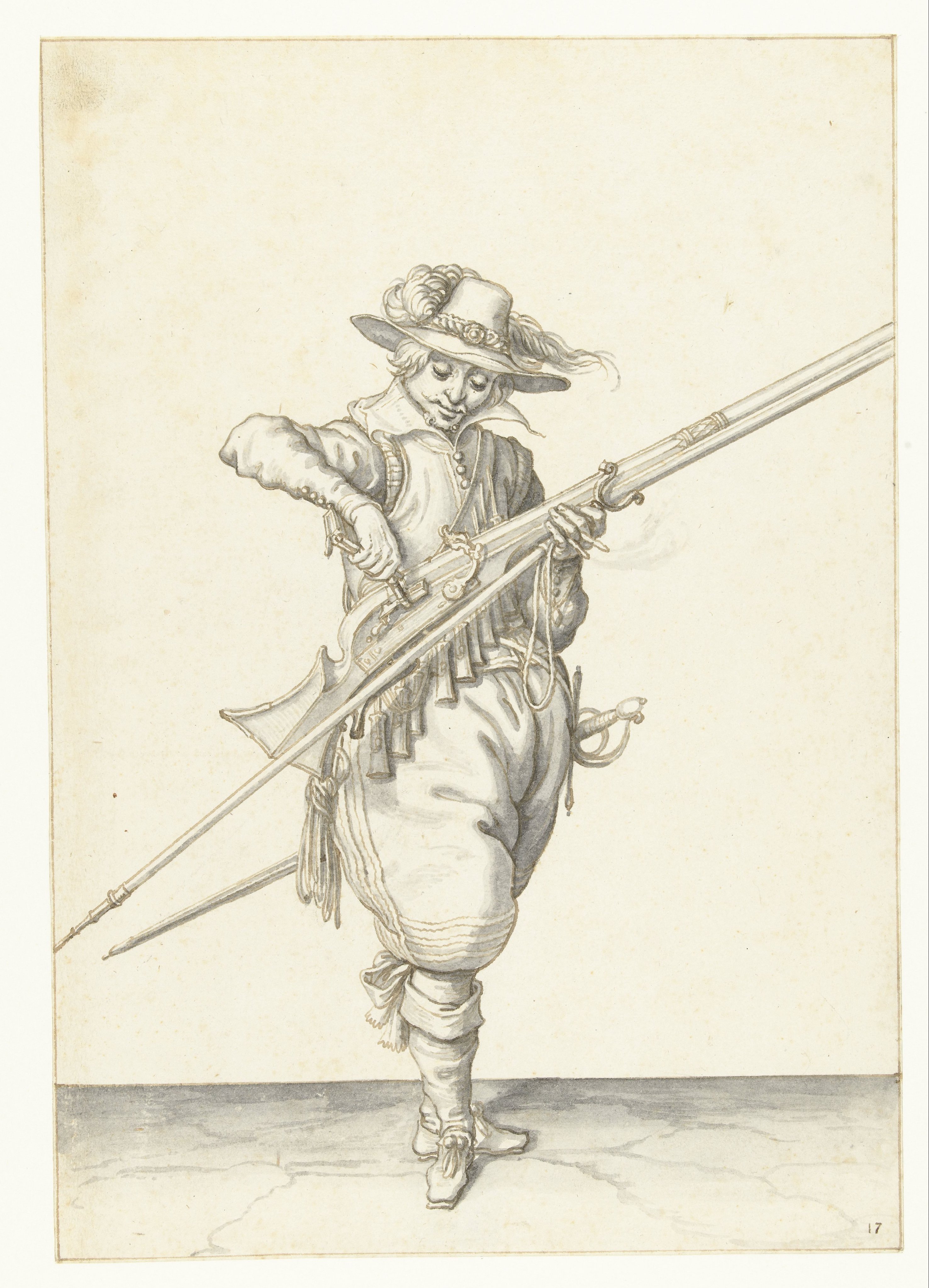 Soldaat die kruit in de pan van zijn musket giet
