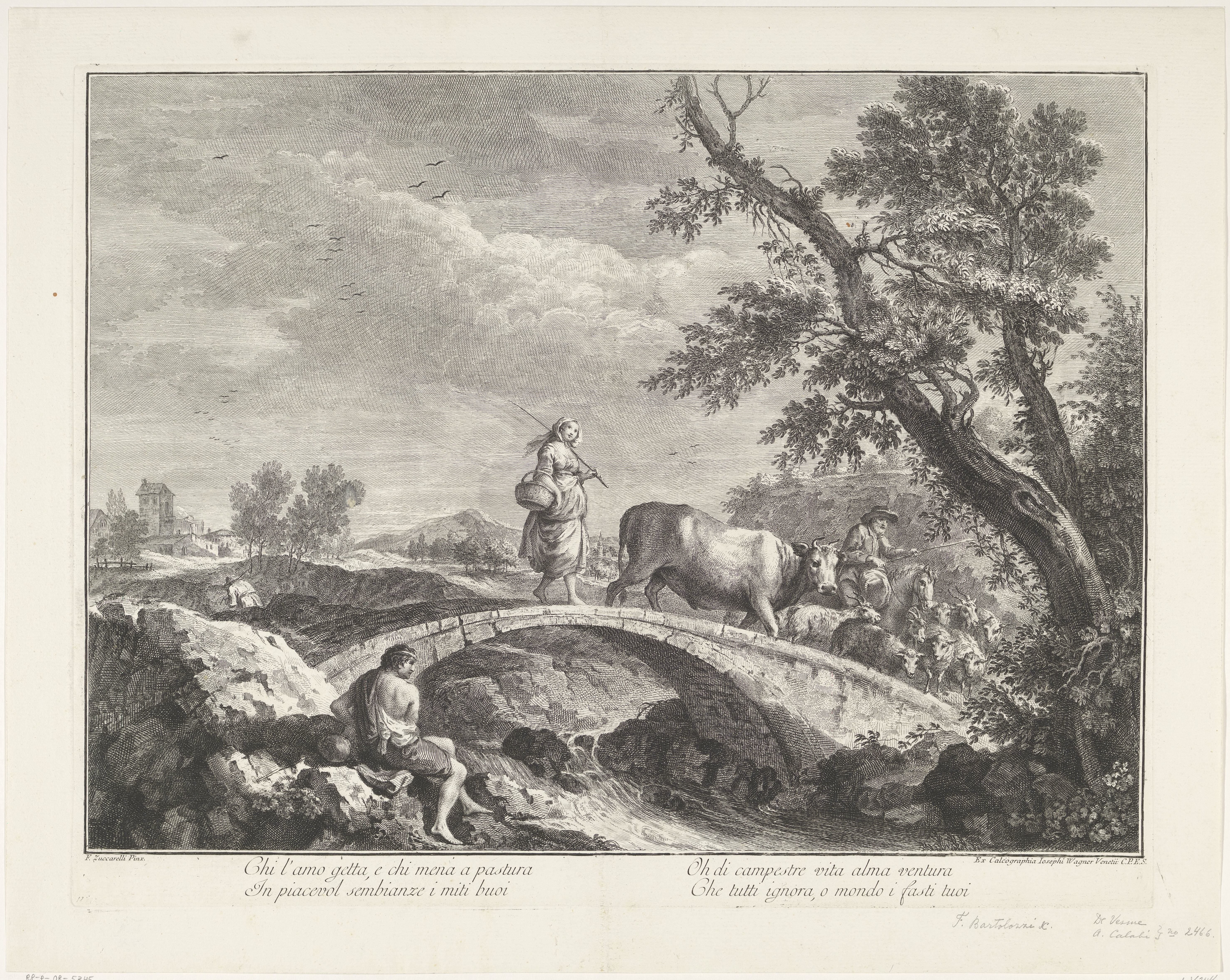 Landschap met een herder en herderin met kudde op een bruggetje