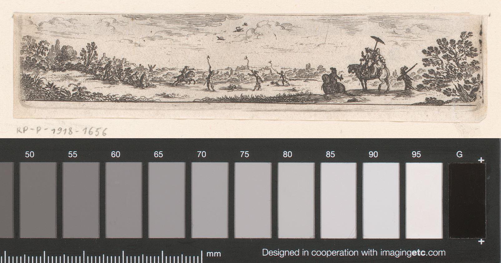 Vignet met jachttafereel in een landschap