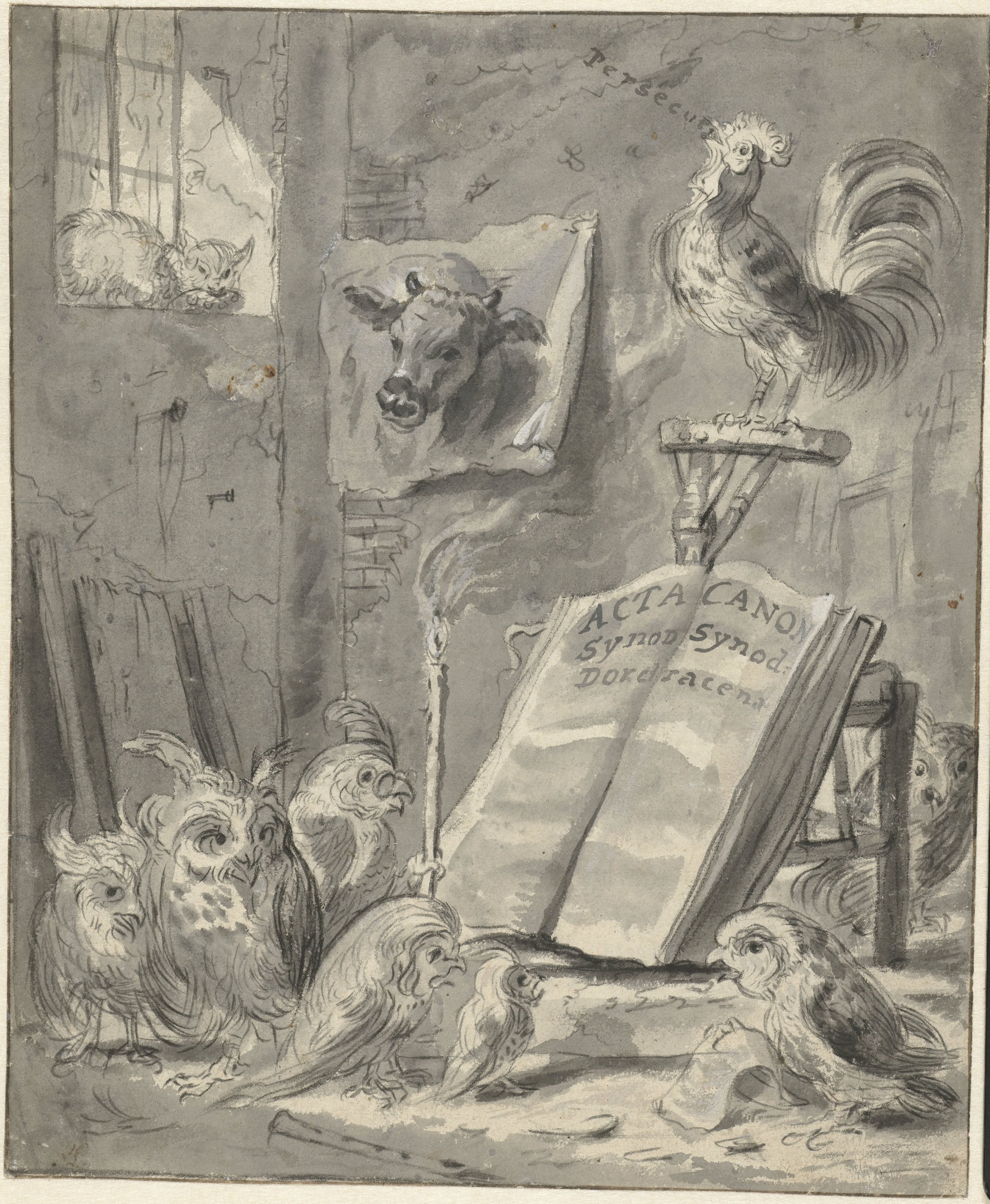 Recto: Caricature of the Synod of Dordrecht / Verso: Letter from Cornelis Saftleven to Petrus Scriverius