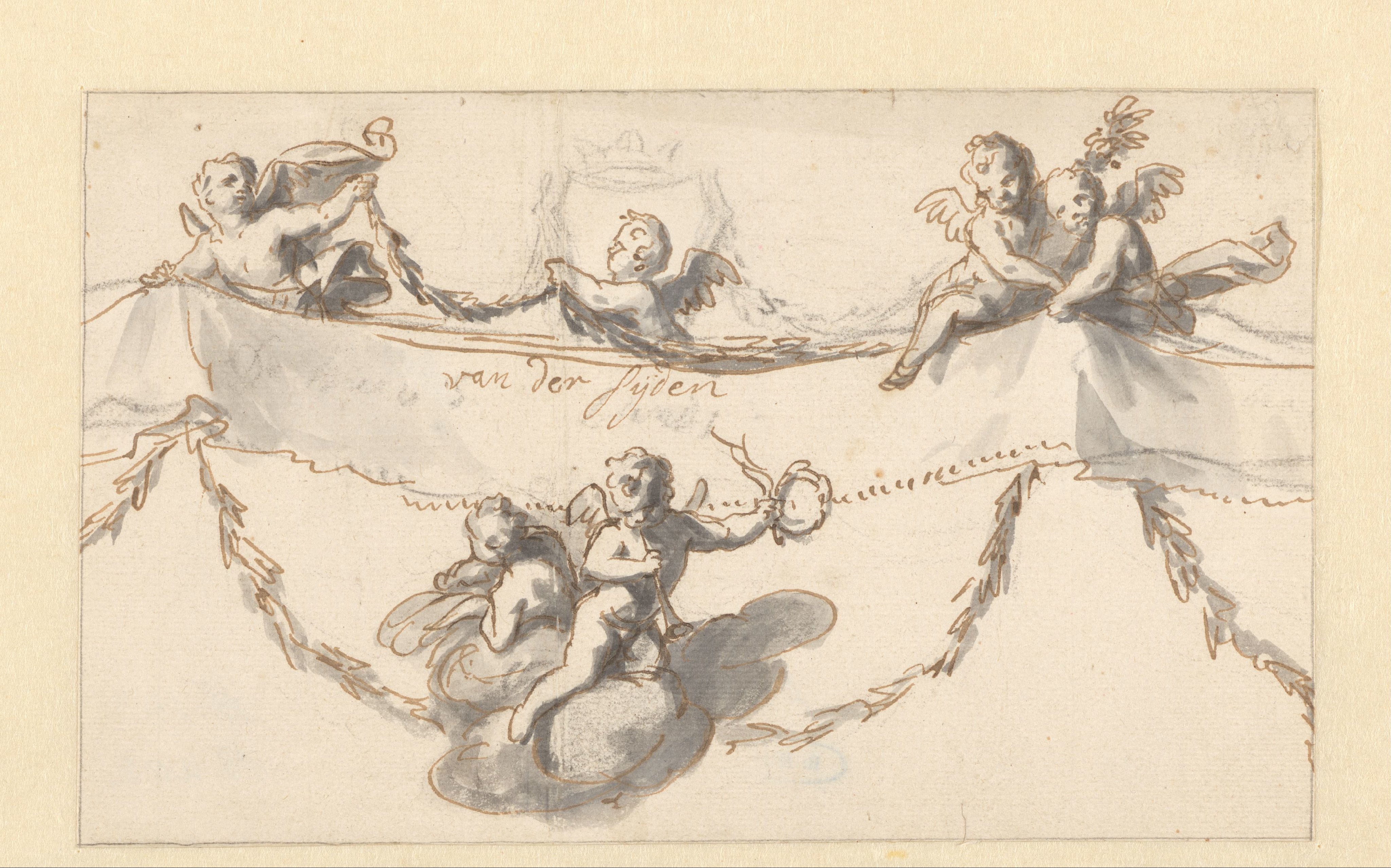 Zes putti met een banderol