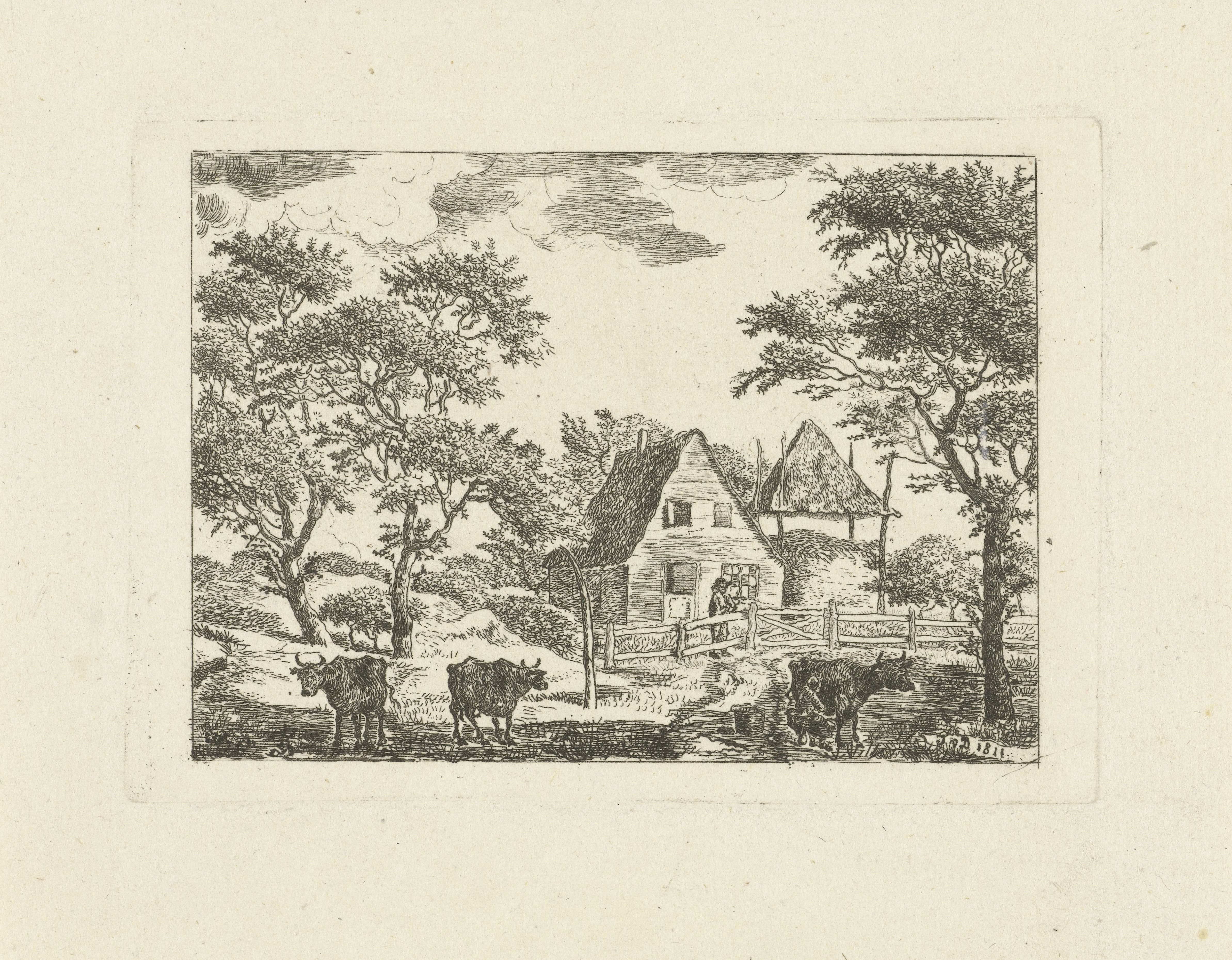 Landschap met boerderij en koeien in weiland