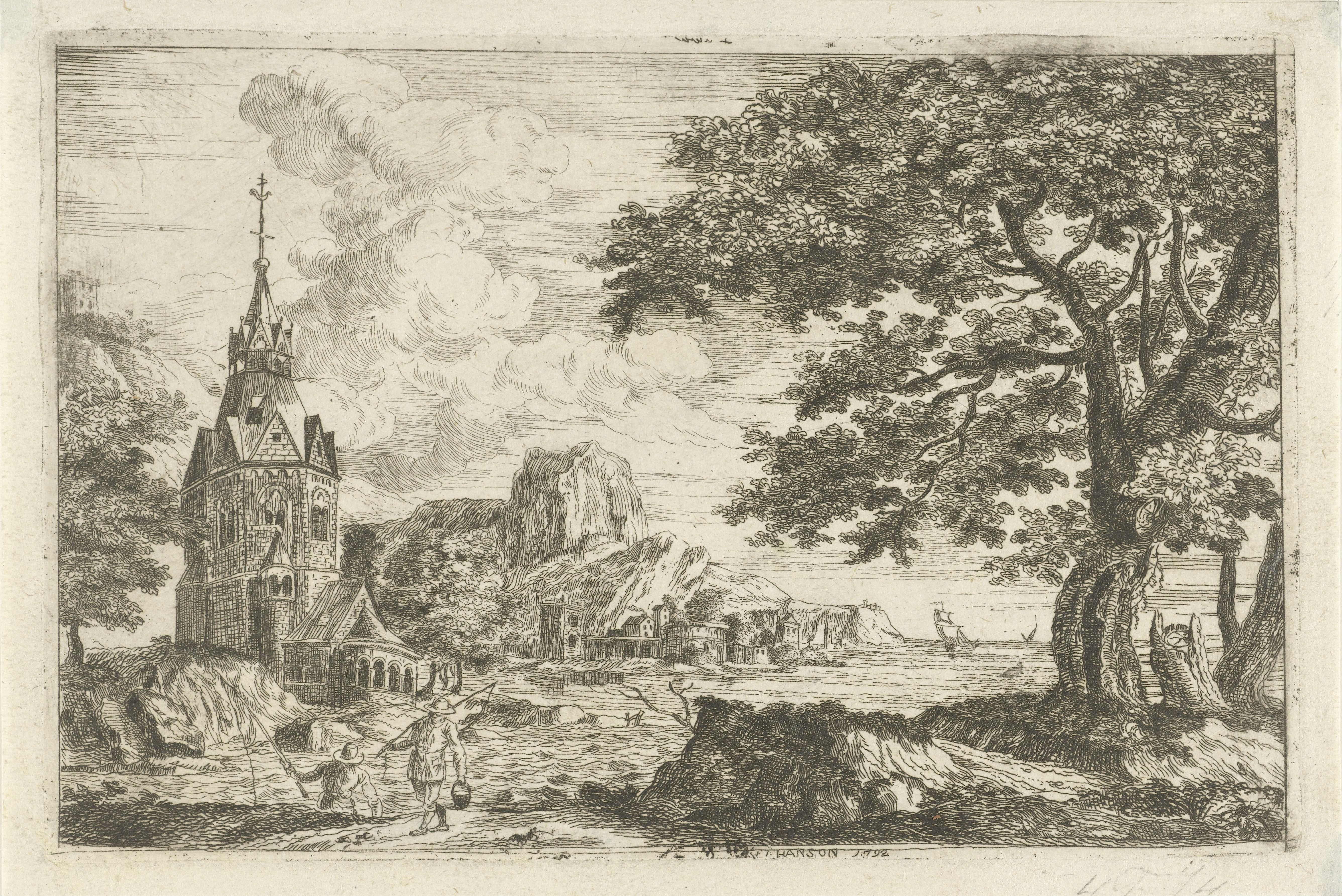 Vissers bij een kerk aan een kust