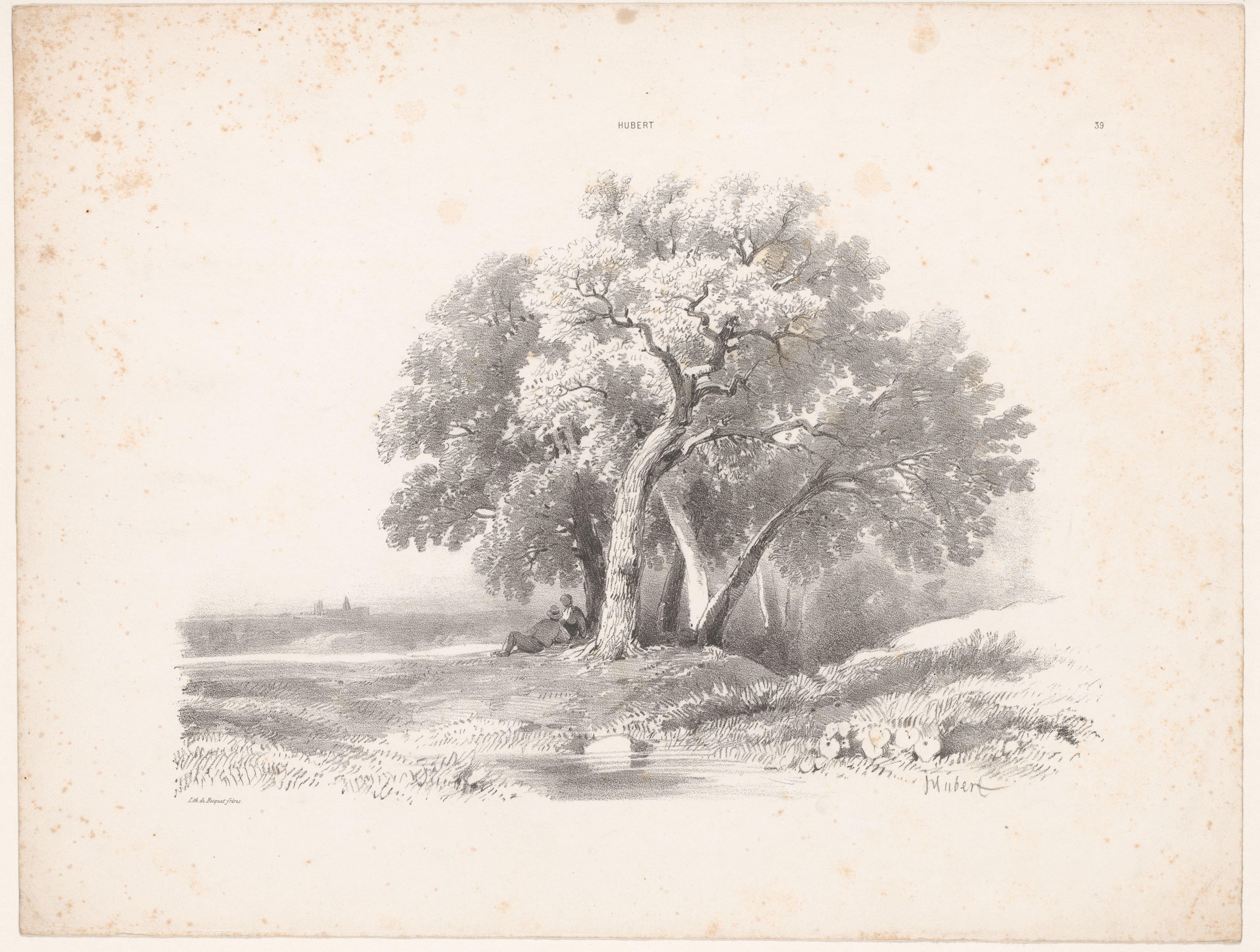 Landschap met twee figuren onder een groep bomen