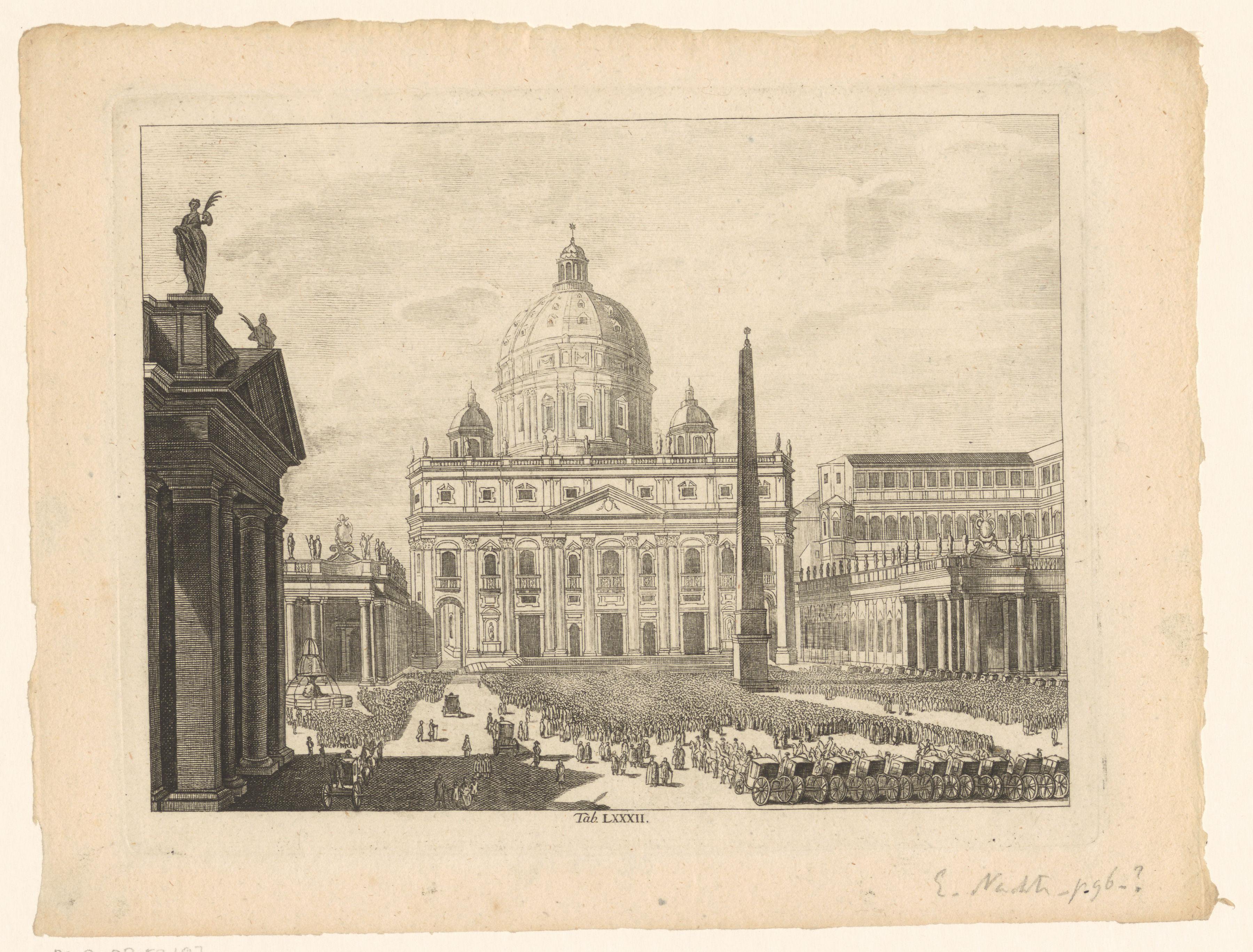 Gezicht op façade van de Sint-Pietersbasiliek en het Sint-Pietersplein