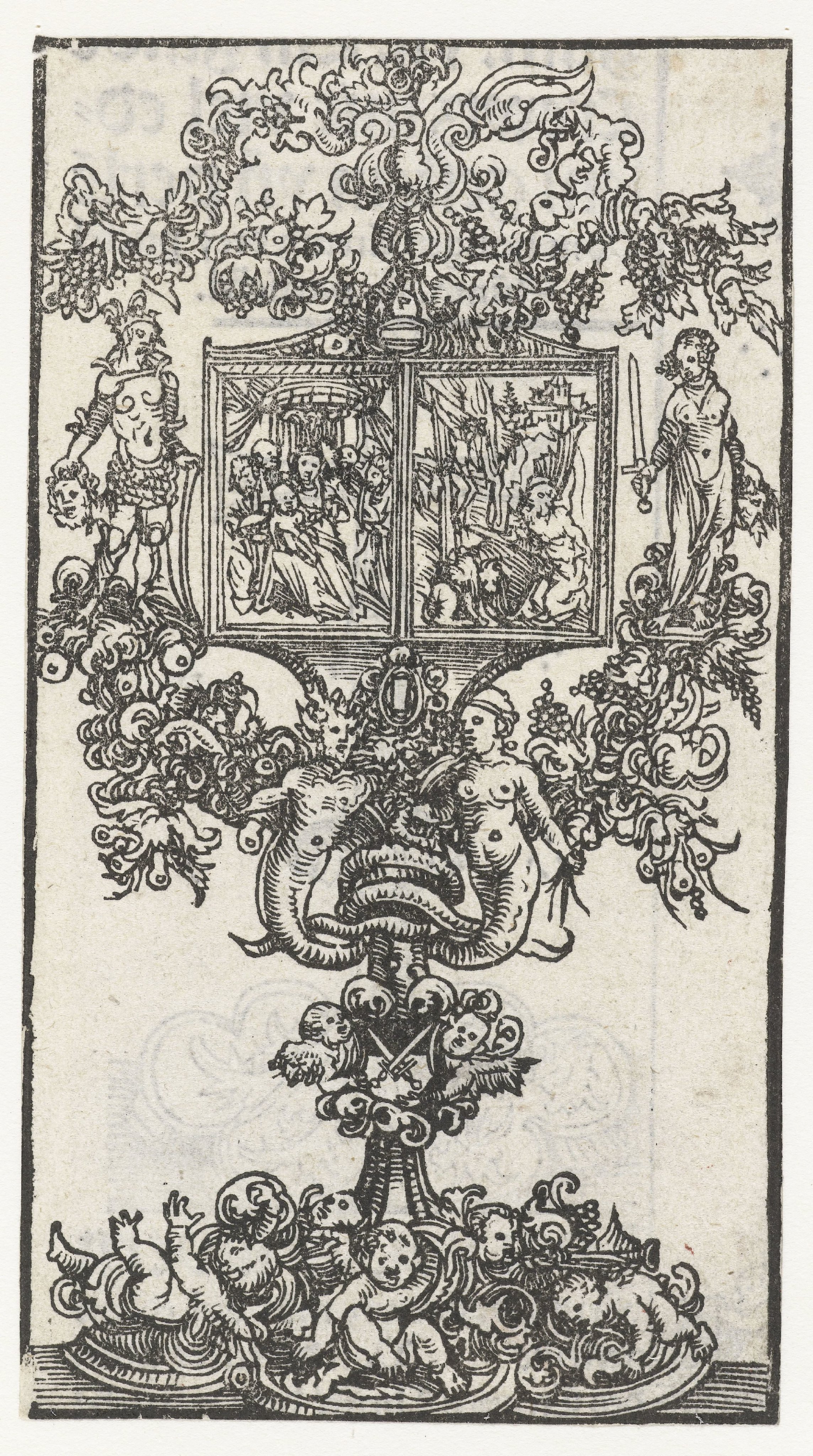 Monstrans met Maria met kind en Hieronymus als boeteling met links David met het hoofd van Goliath en rechts Judith met het hoofd van Holofernes
