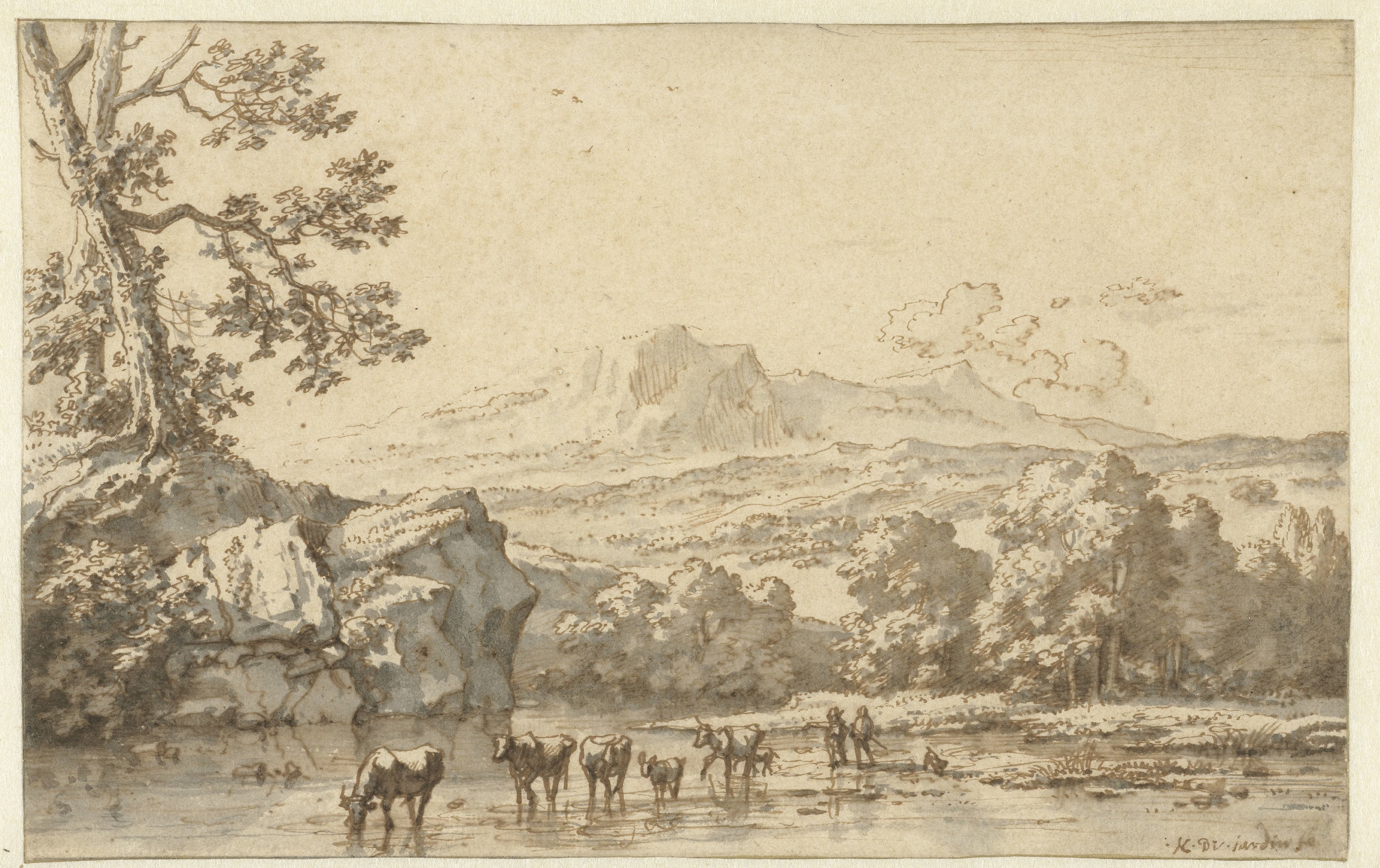 Herders met vee bij een rivier