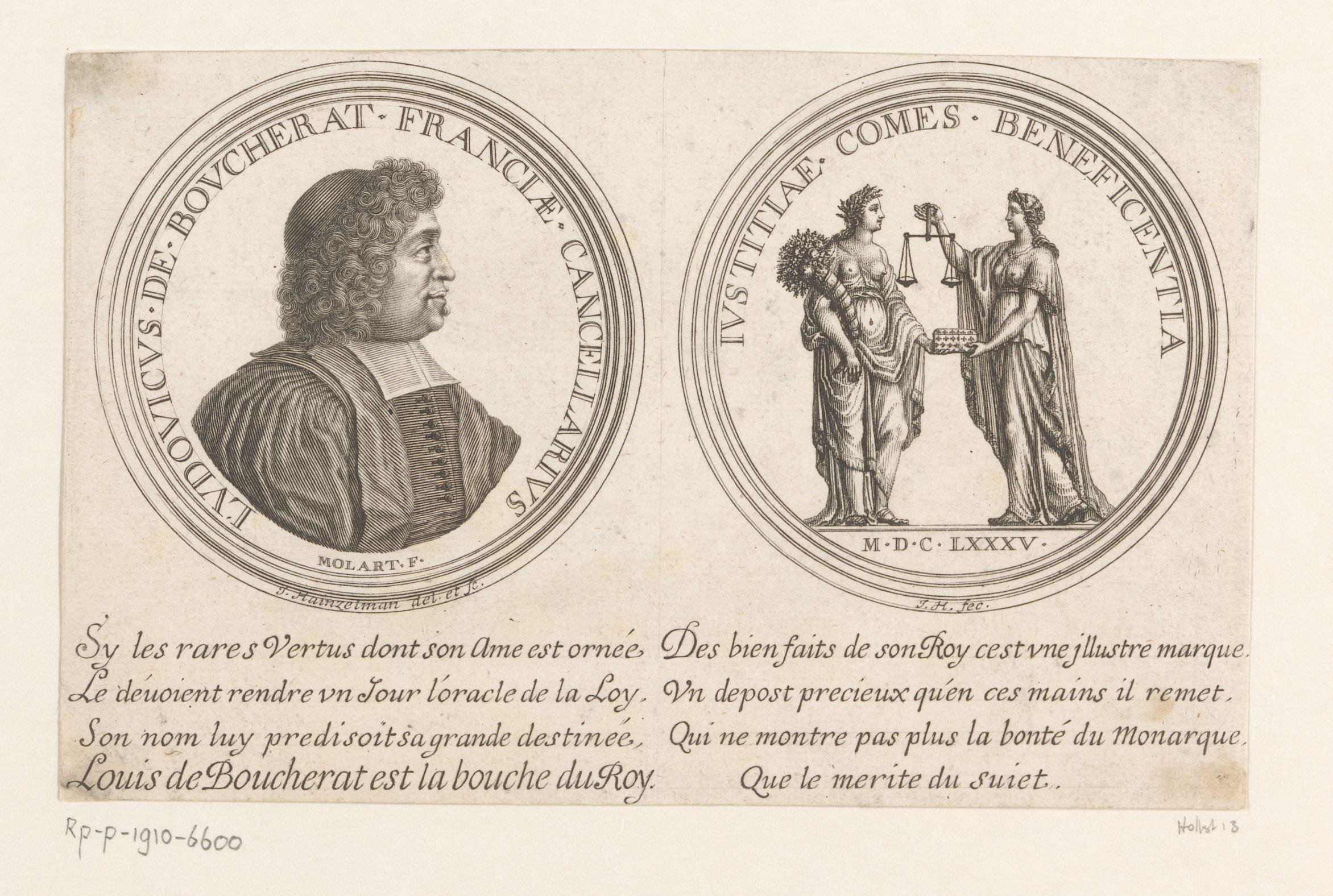 Twee medailles met links het portret van Louis Boucherat en rechts de personificaties van weldaad en gerechtigheid