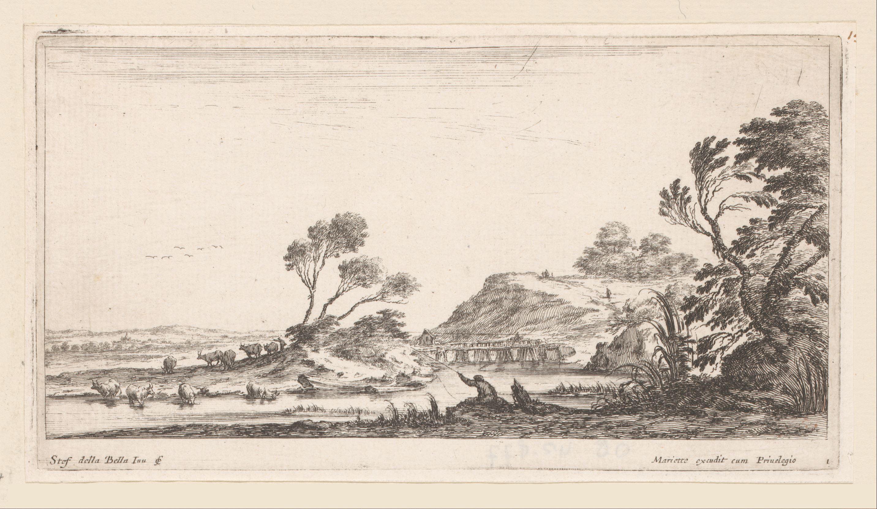 Landschap met visser en drinkend vee
