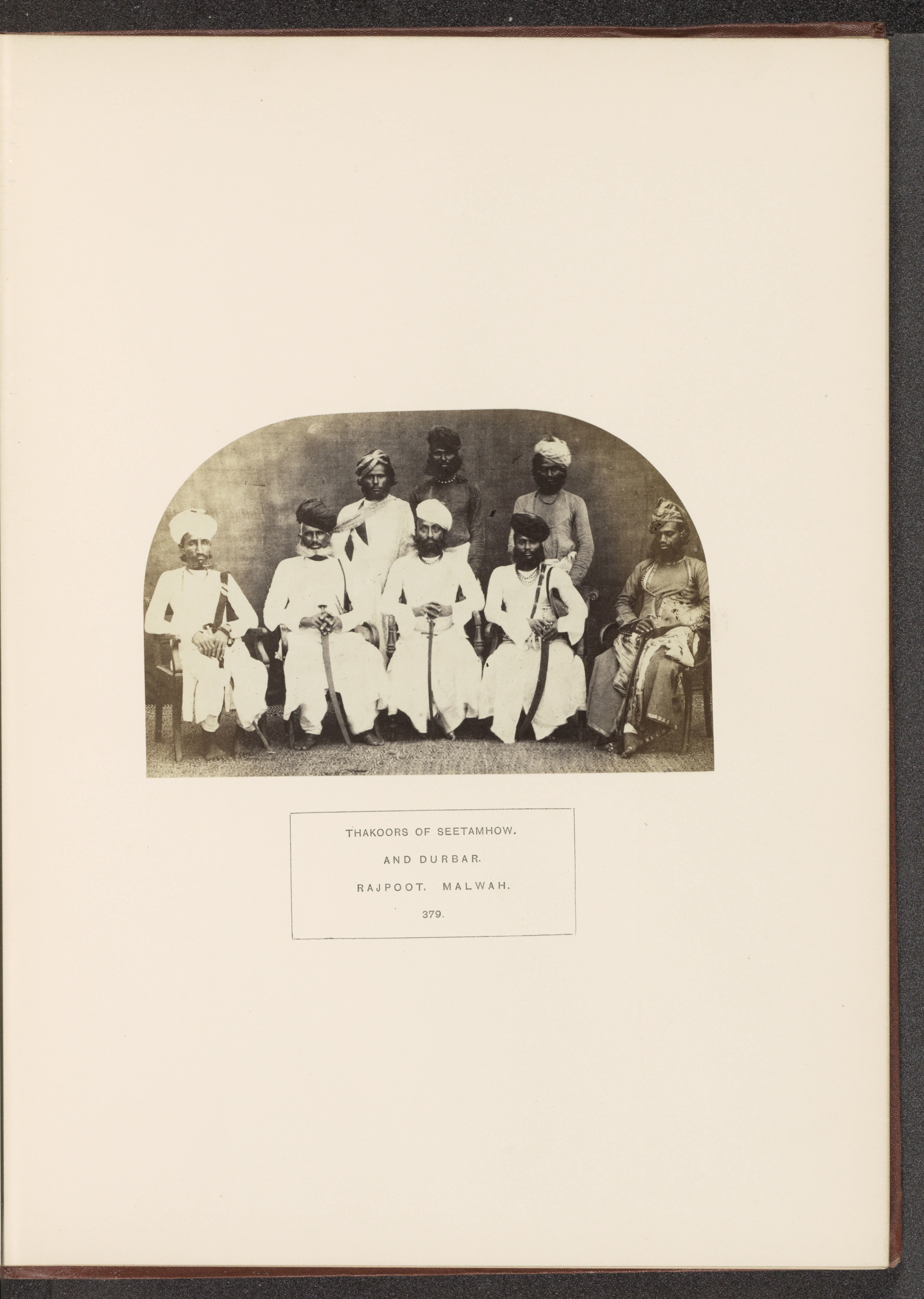 Portrait of five officers and three servants in the court of Sitamau, Malwa, Madhya Pradesh, India
