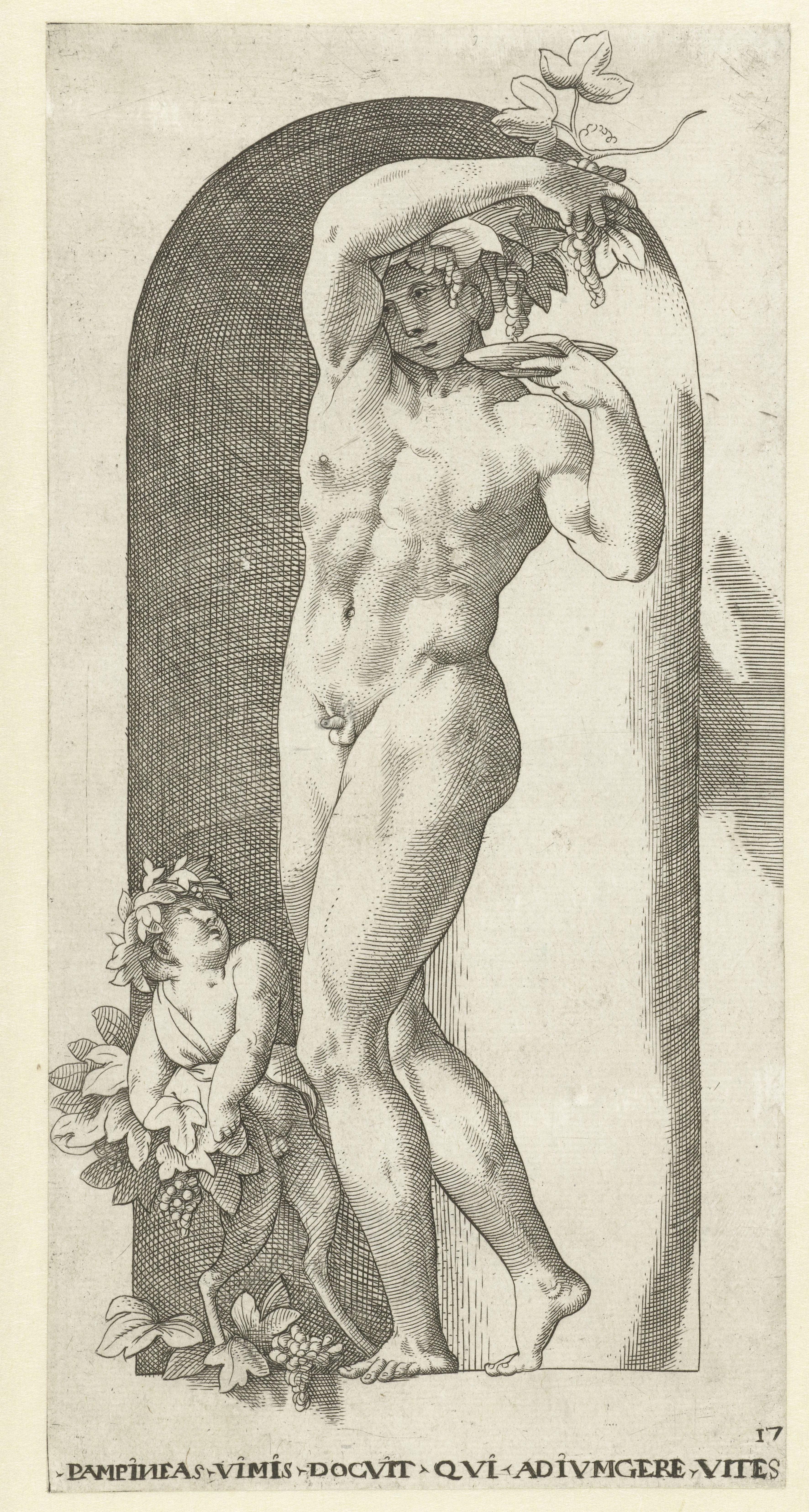 Bacchus met drinkschaal en wijnranken