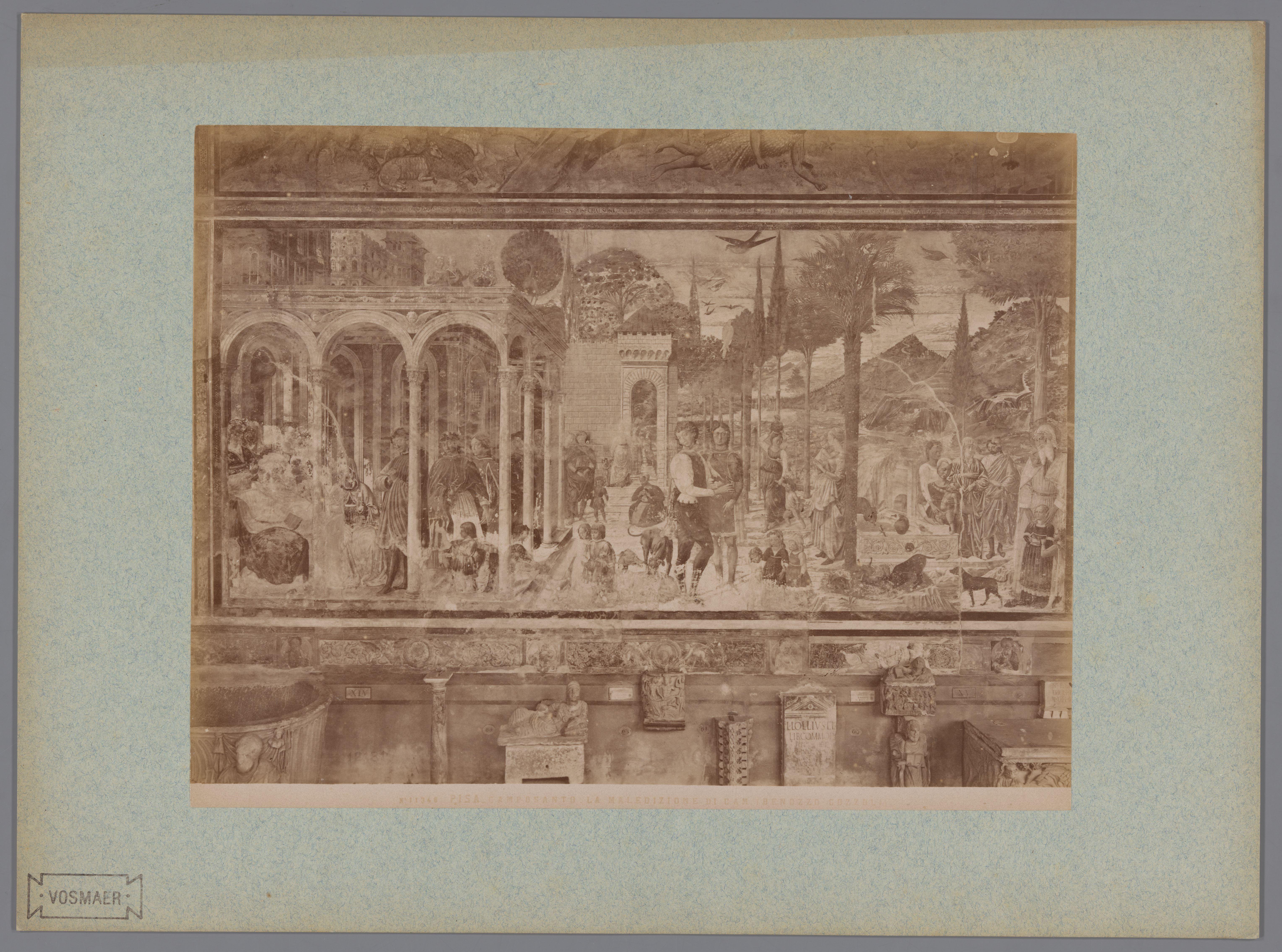Fotoreproductie van het fresco De vervloeking van Cham naar Benozzo Gozzoli in het Camposanto te Pisa, Italië