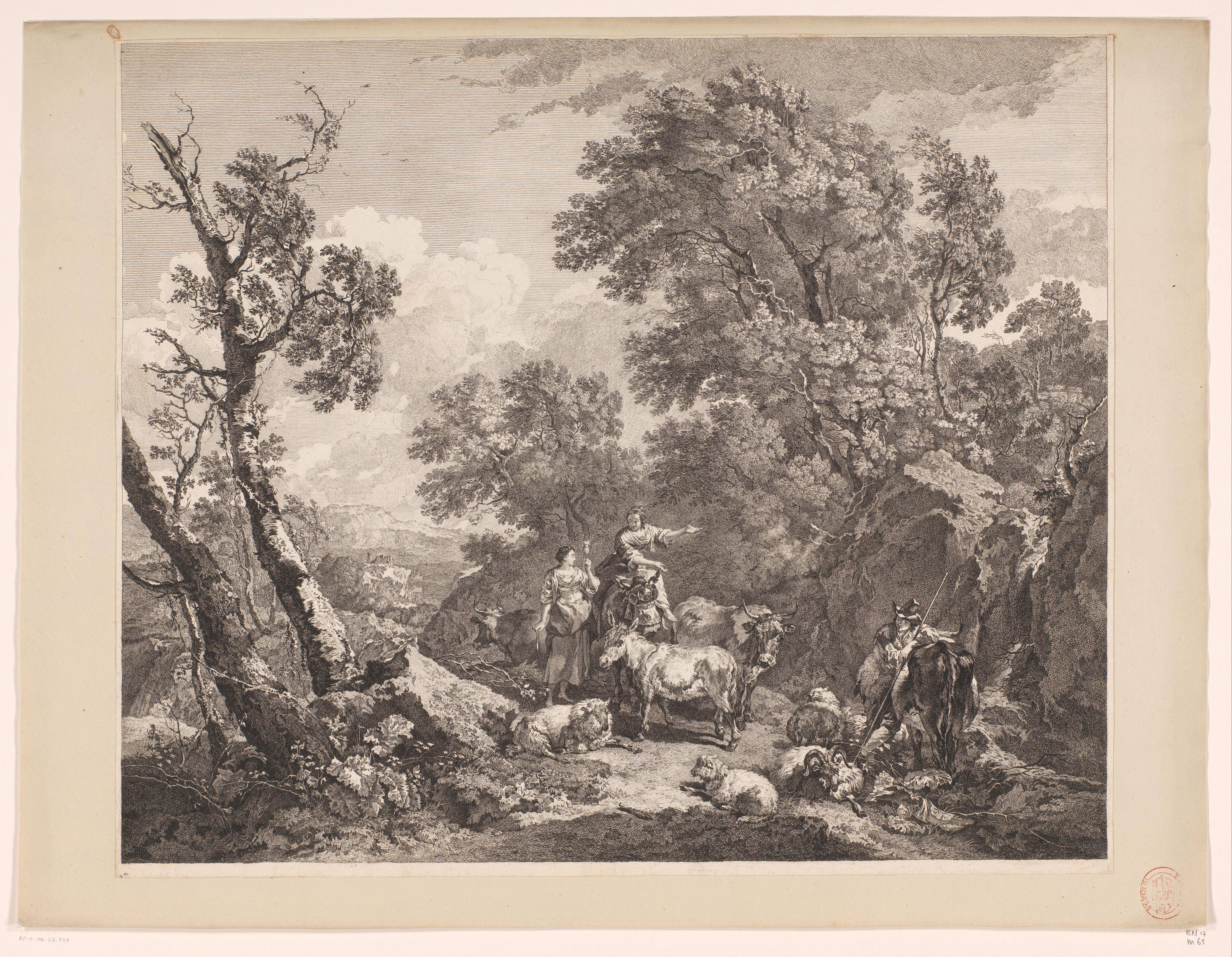 Landschap met twee herderinnen, een herder en hun kudde