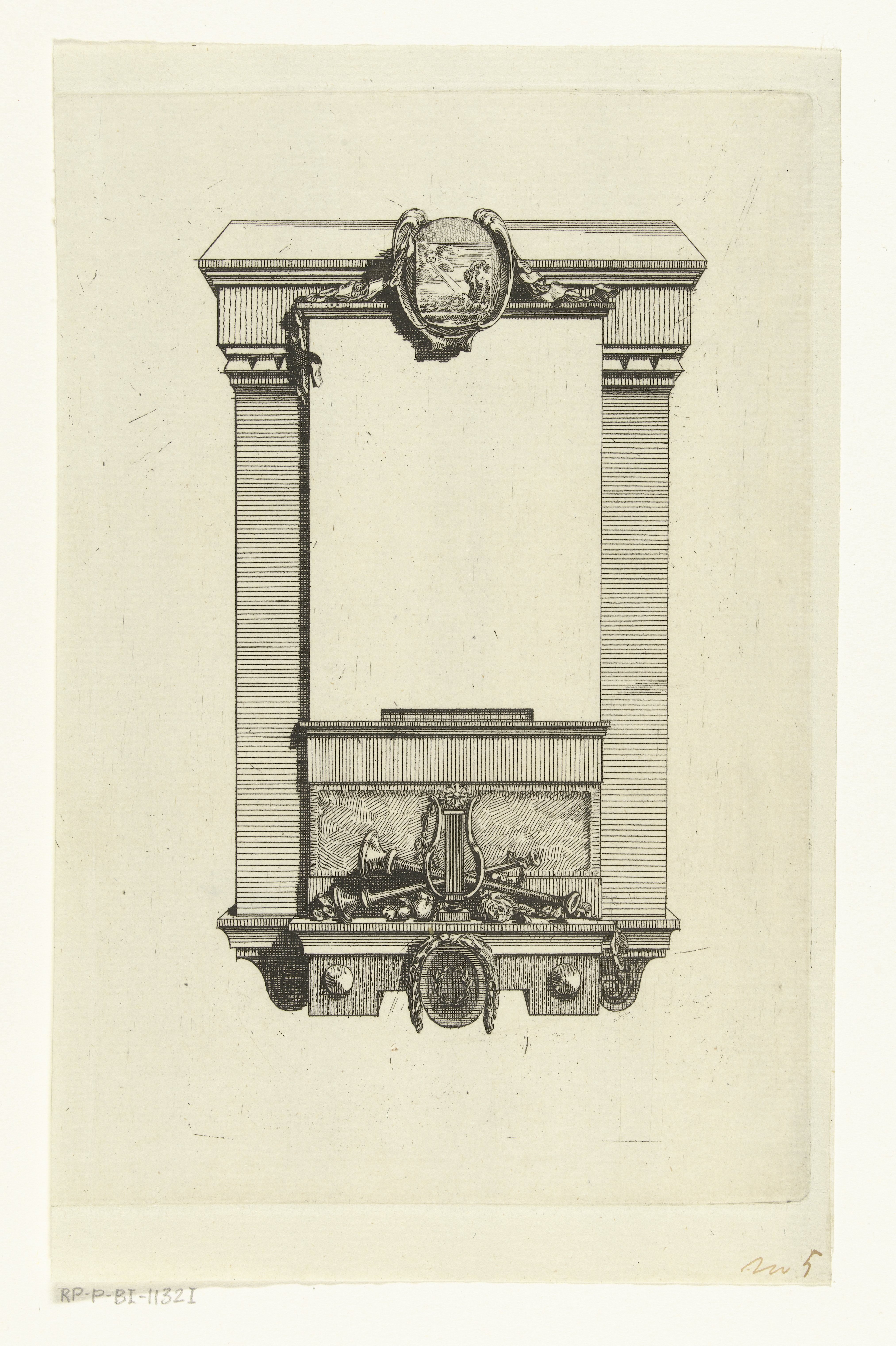 Monumentale lijst met leeg veld voor titel en muziekinstrumenten als ornamenten