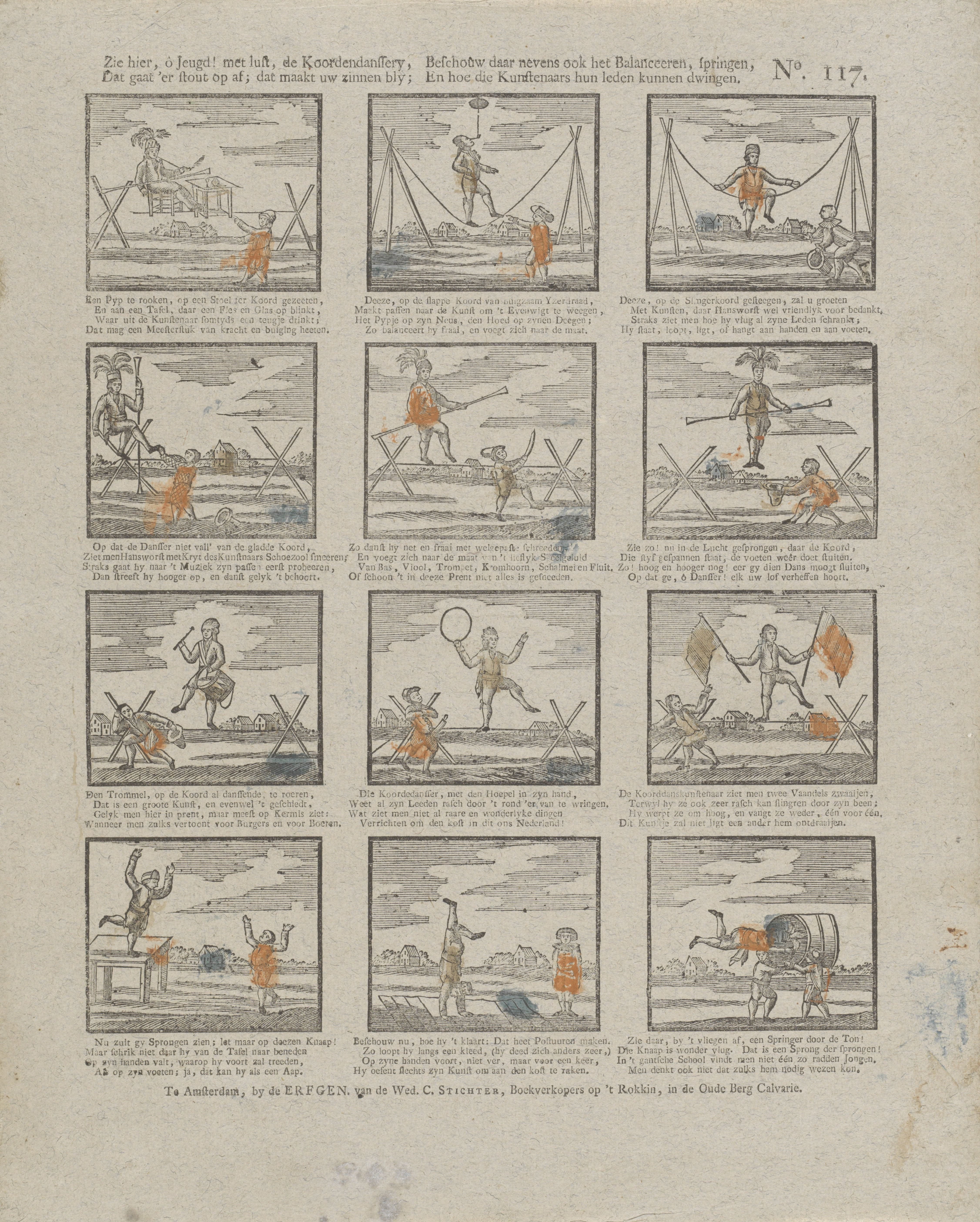 Zie hier, ô jeugd! met lust, de koordendanssery, / Dat gaat 'er stout op af; dat maakt uw zinnen bly; / Beschouw daar nevens ook het balanceeren, springen, / En hoe die kunstenaars hun leden kunnen dwingen