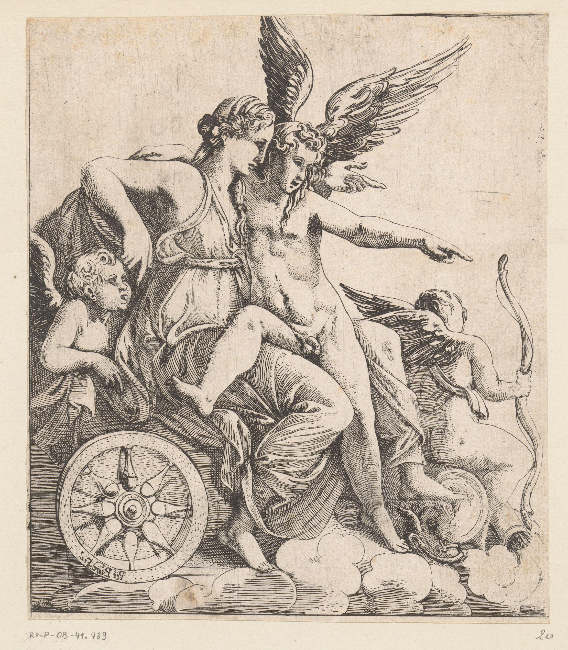 Venus en Amor in een triomfwagen, omringd door putti