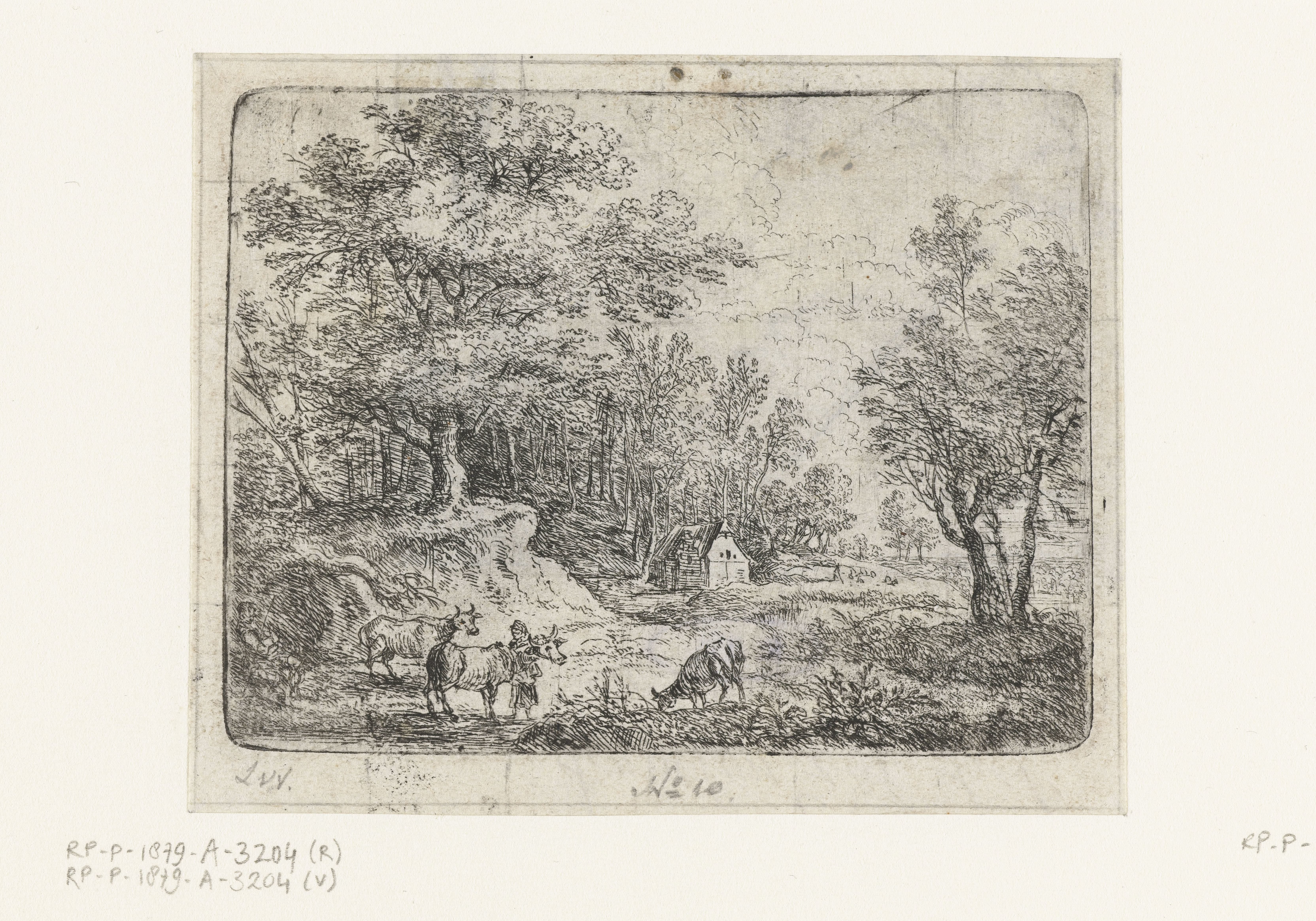 Landschap met drie koeien en een vrouw