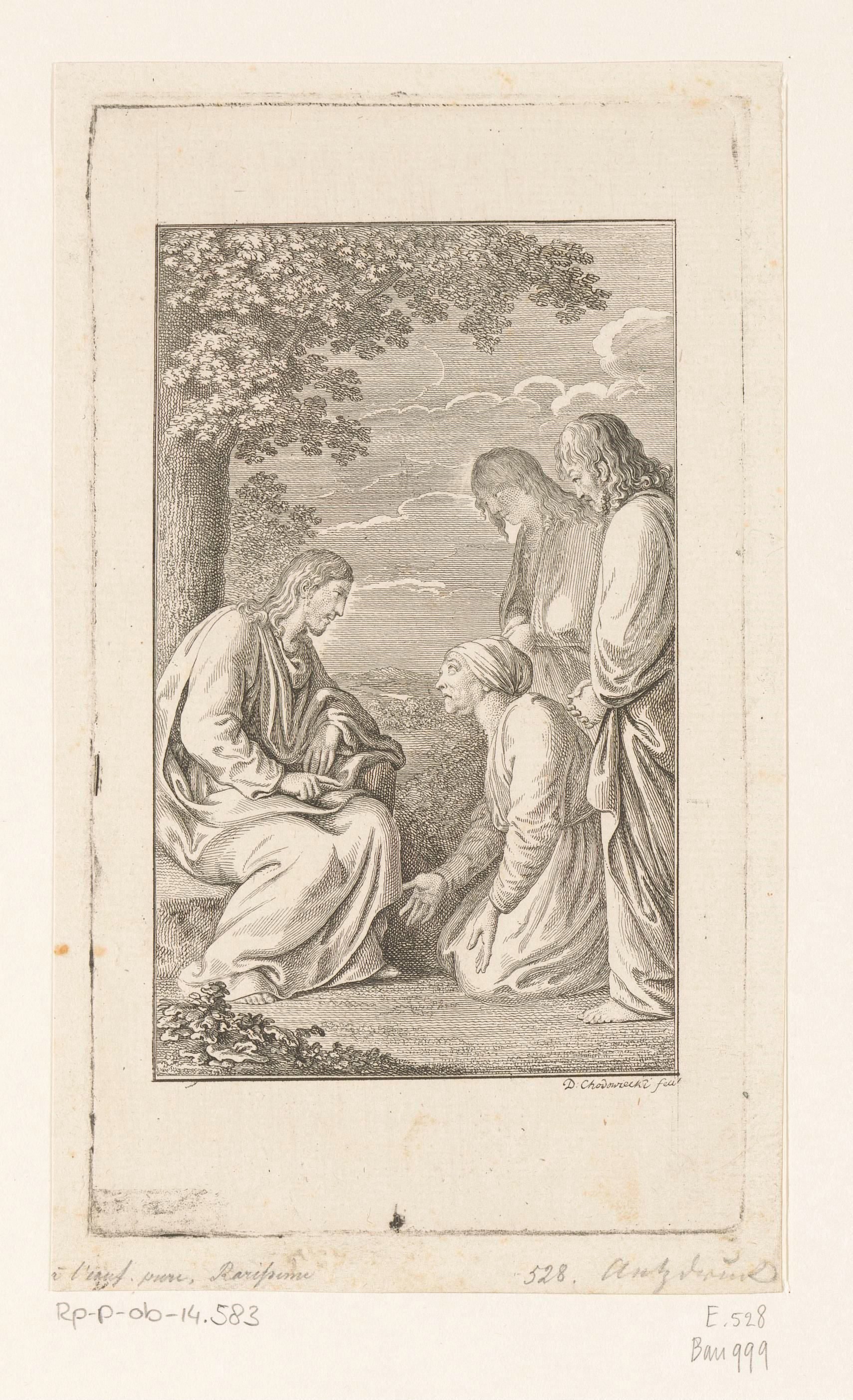 Christus luistert naar de knielende vrouw van Zebedeüs, Jakobus en Johannes staan achter hun moeder