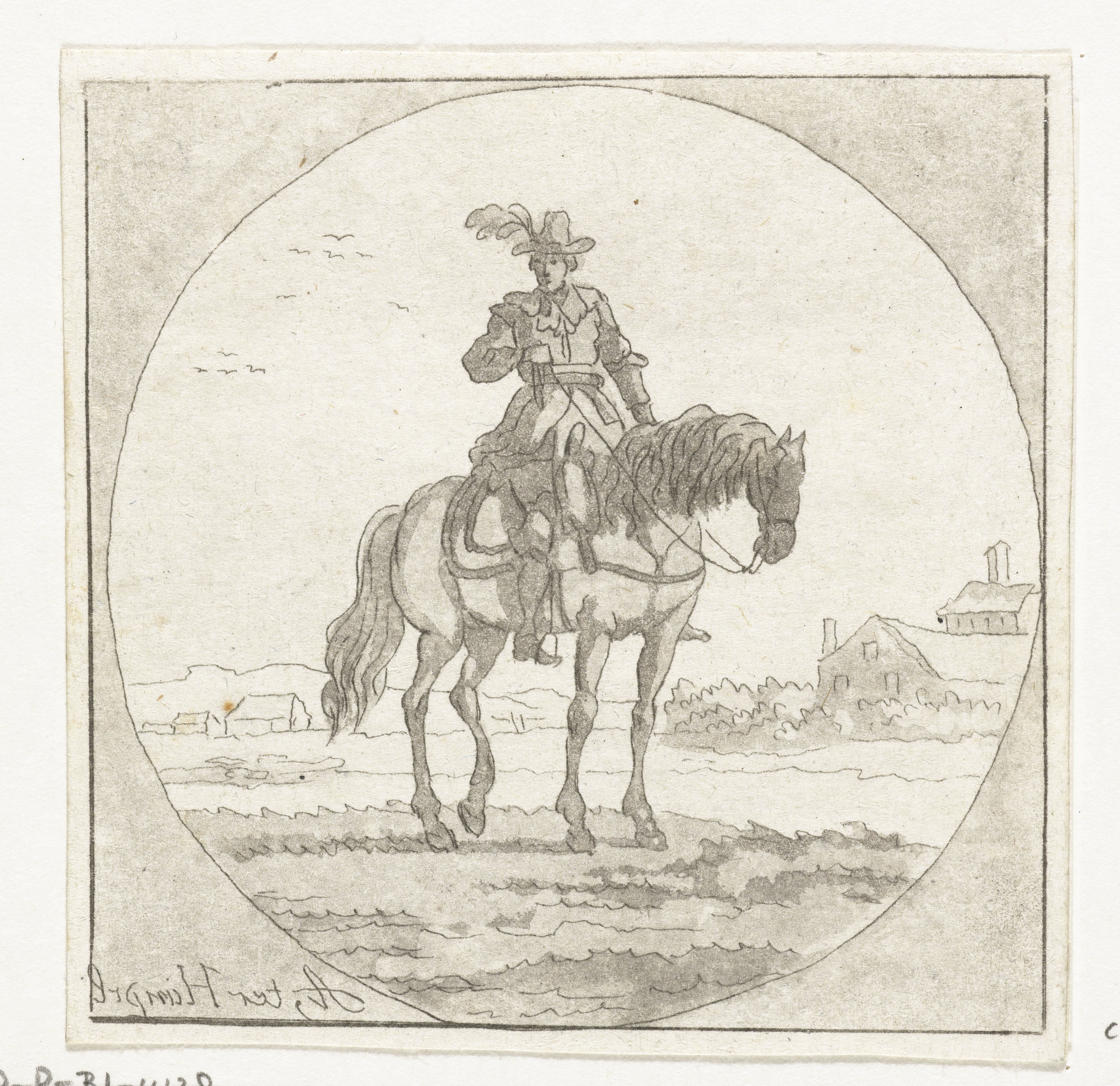 Ruiter op staand paard in medaillon