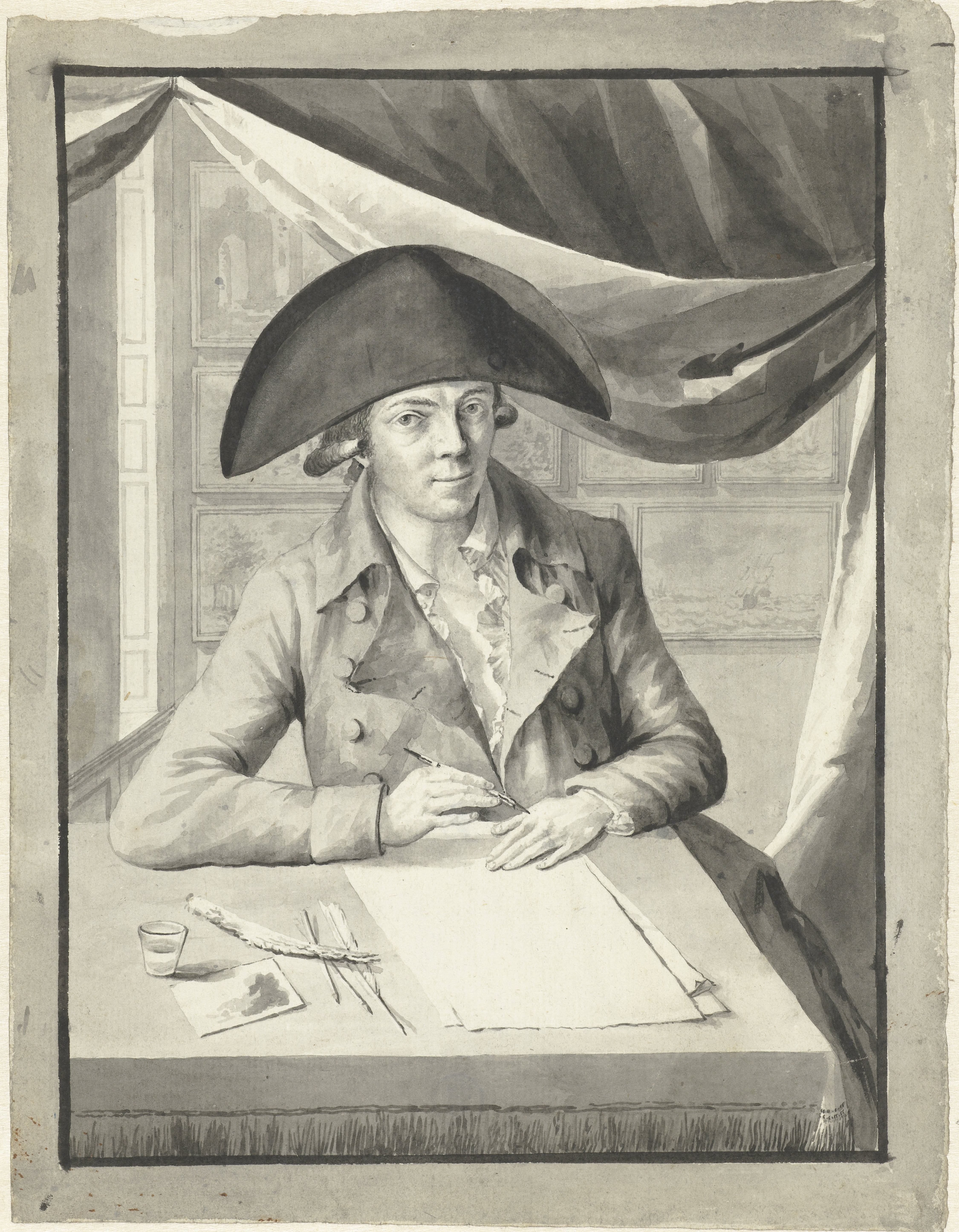 Zelfportret van Hendrik Kuipers, zittend achter een tafel, tekenend