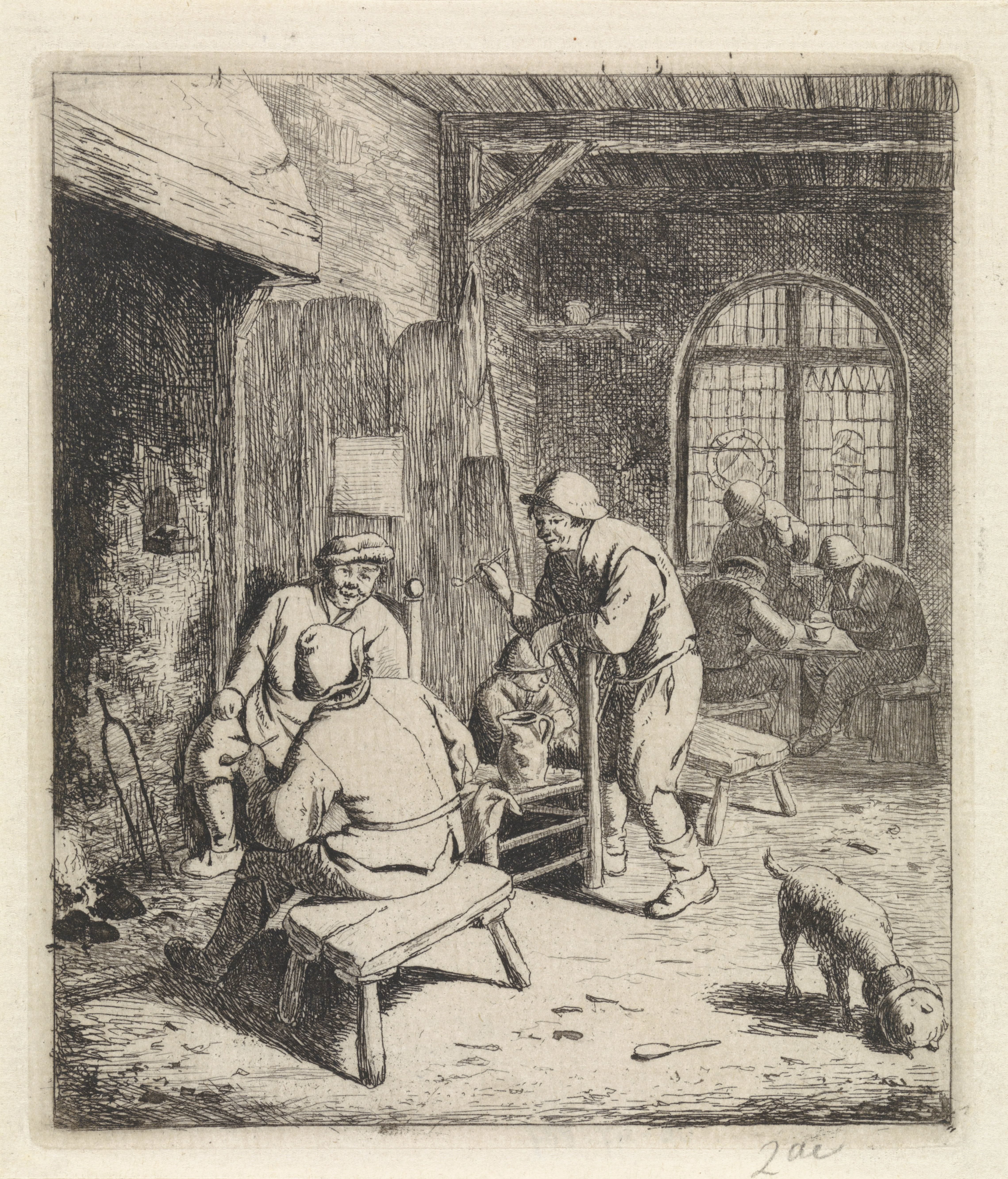 Herberginterieur met rokende en drinkende boeren