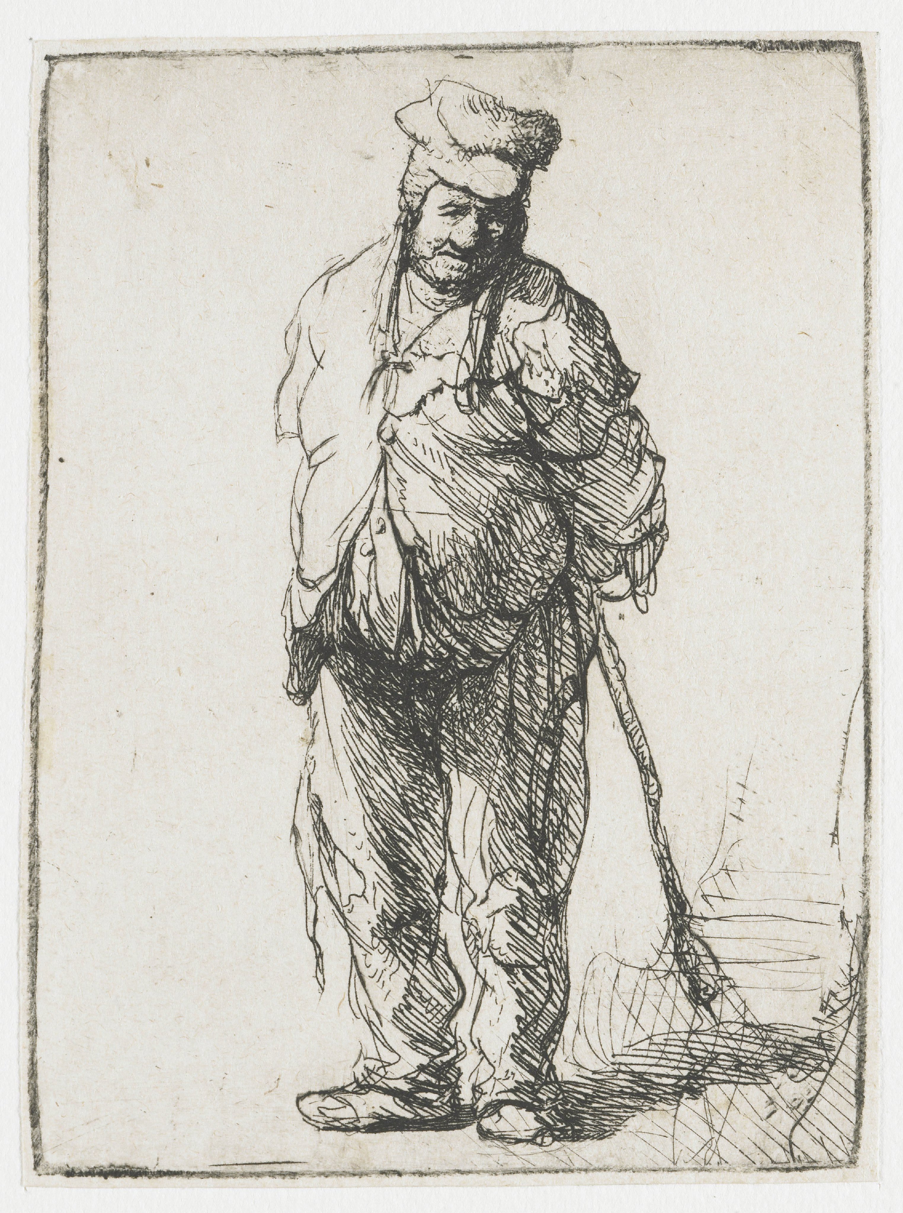 Ragged peasant with his hands behind him, holding a stick