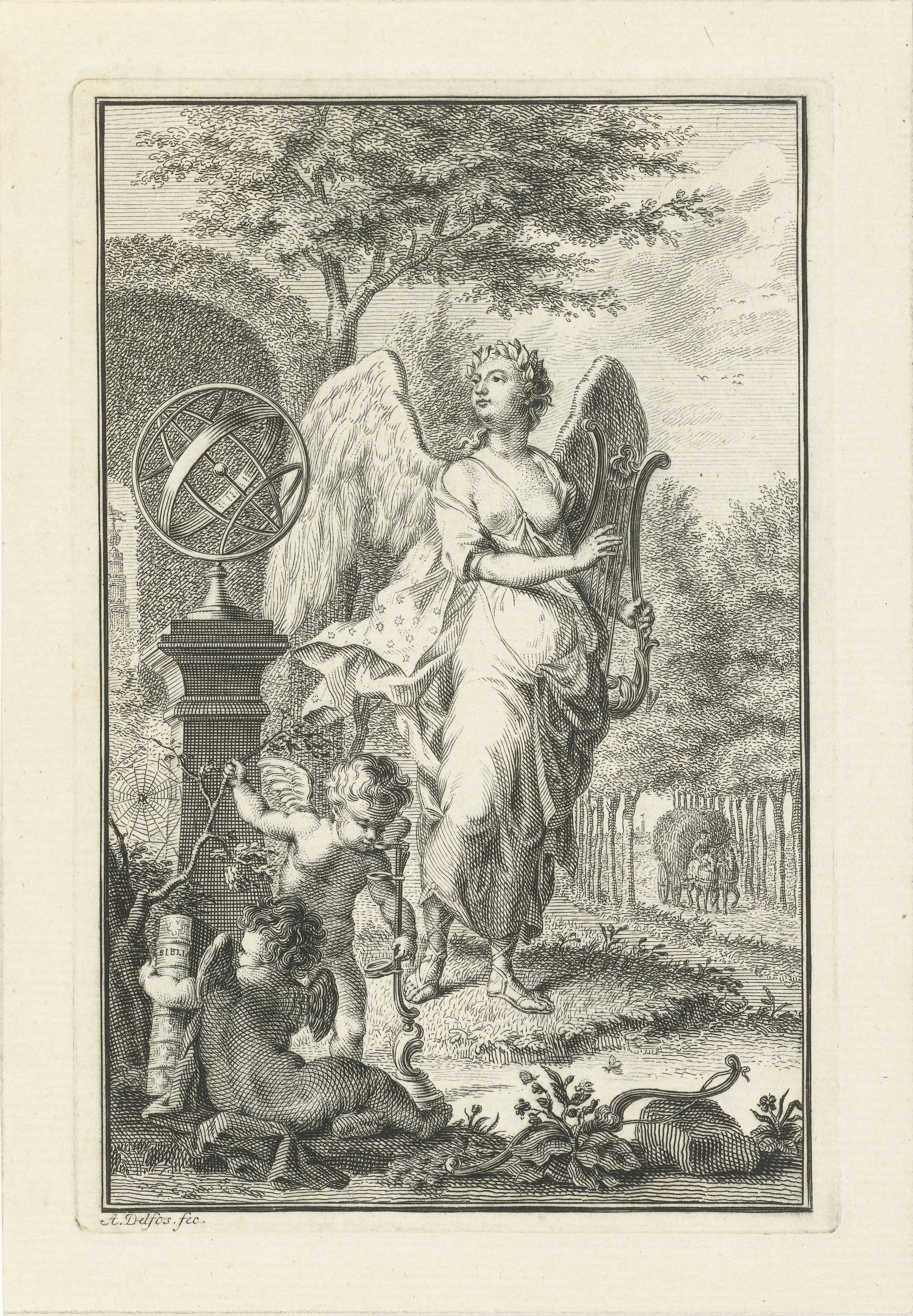 Allegorie met muze met lier, mogelijk Terpsichore, en putto met bijbel