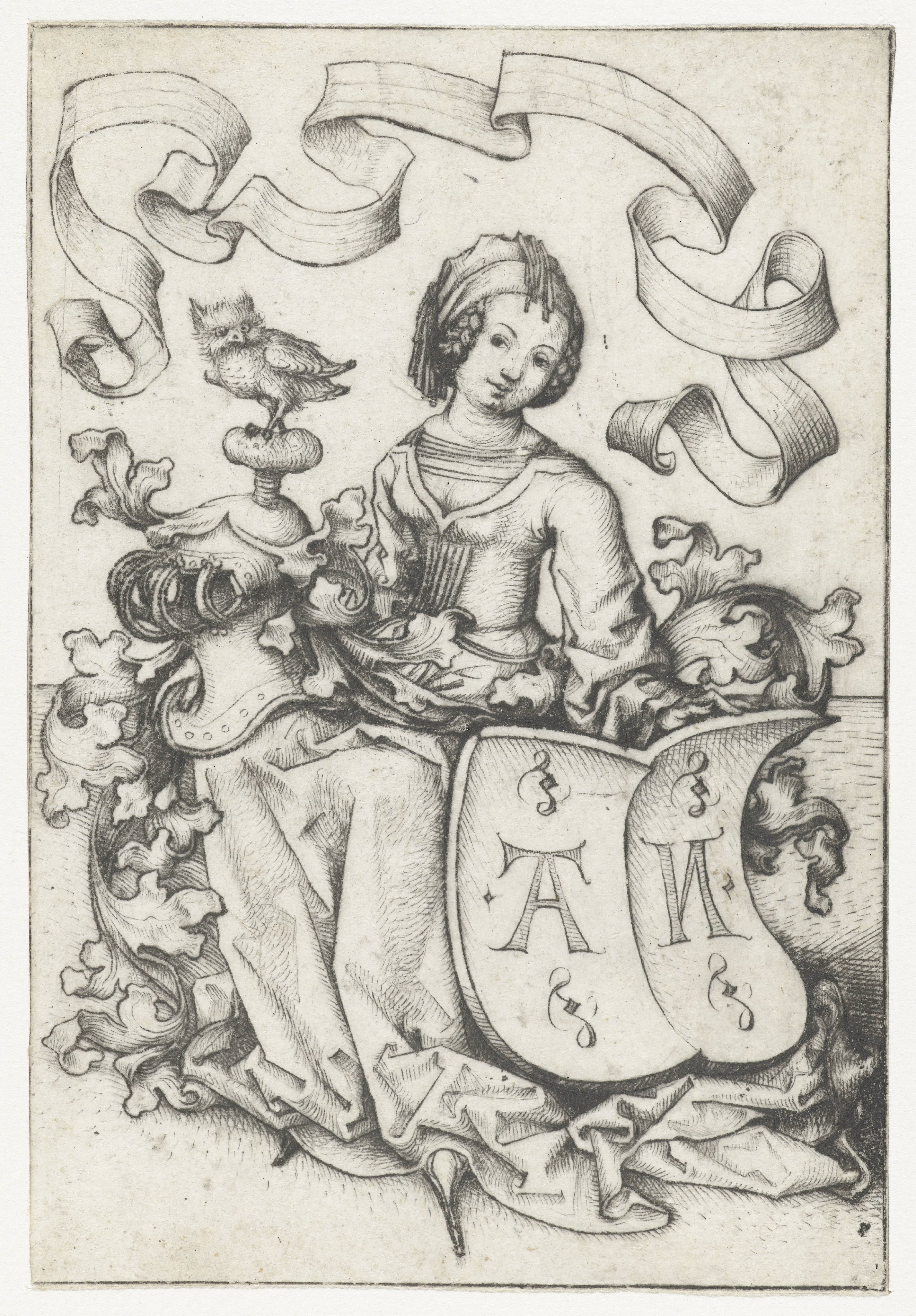 Dame met uil en wapenschild met de letters AN