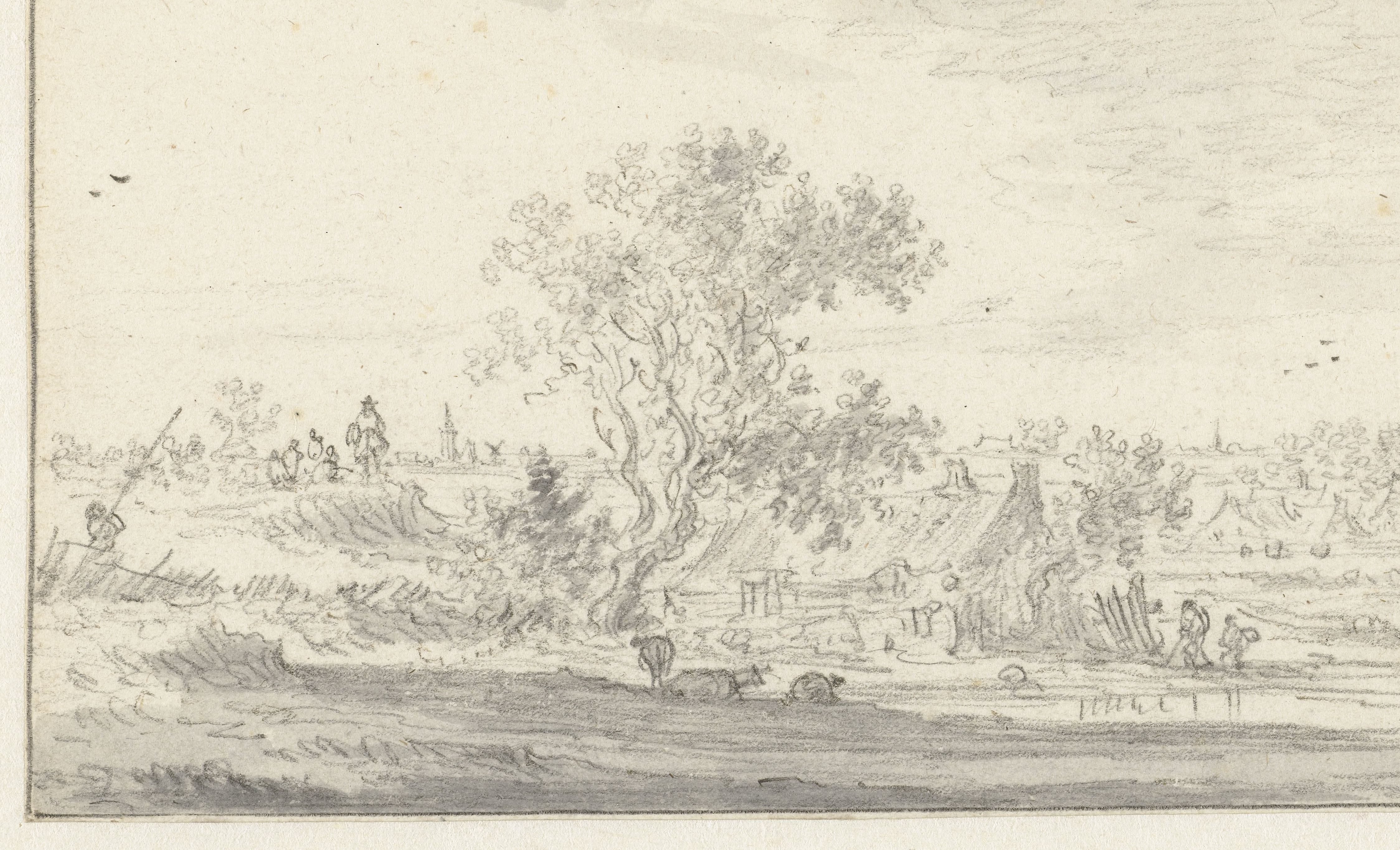 Gezicht van een dijk over landschap met boerenwoningen