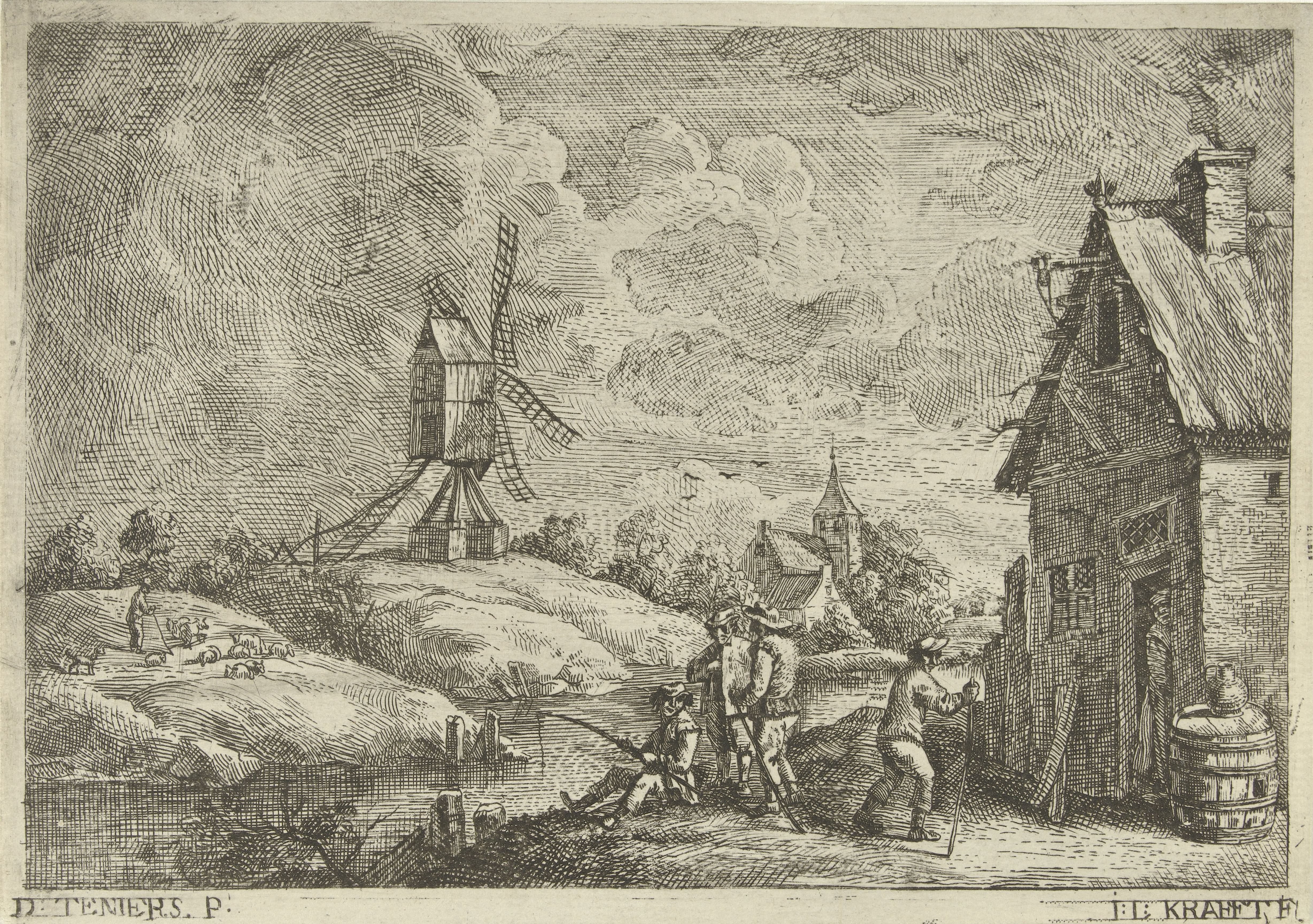 Landschap met herberg en een molen