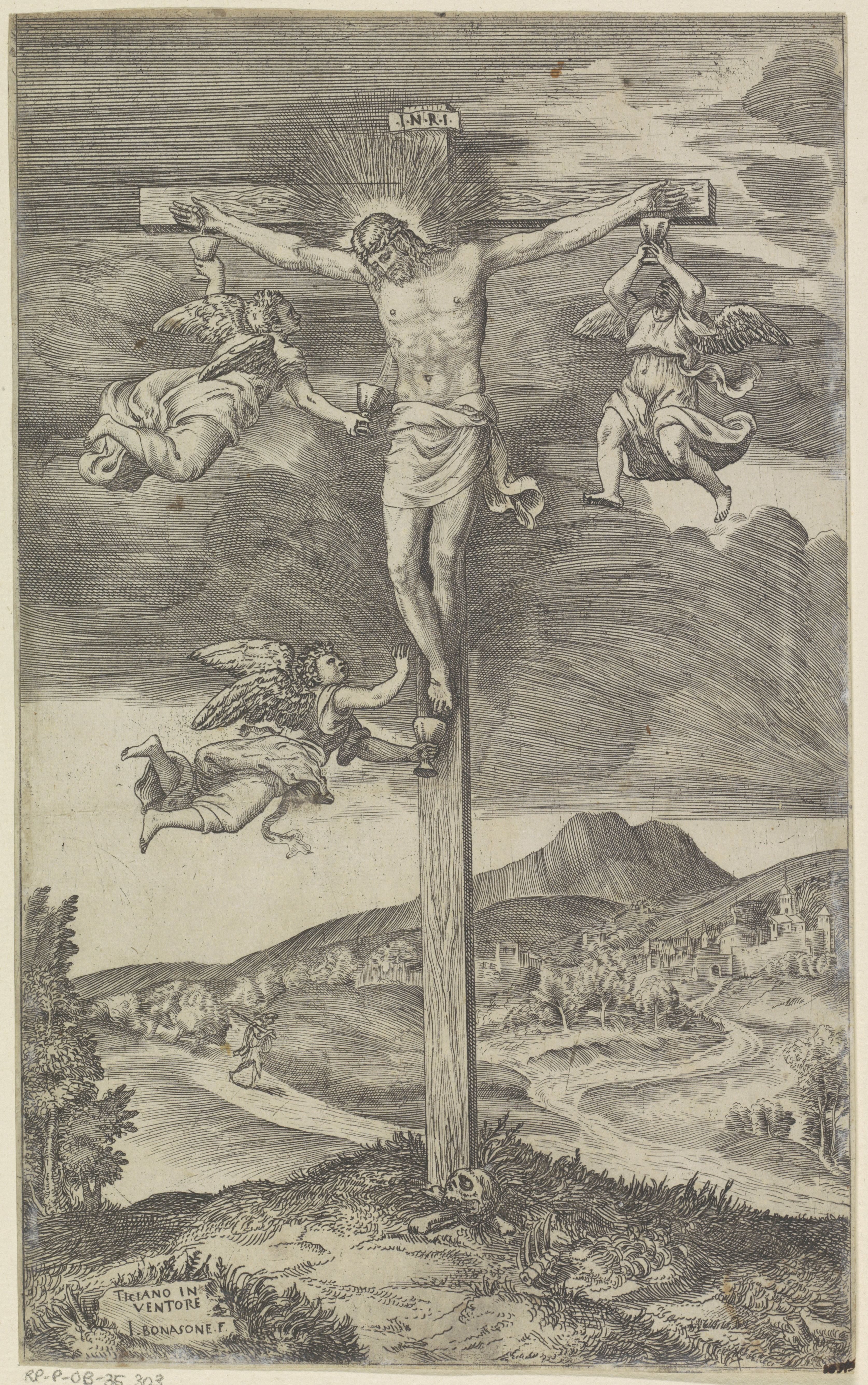 Gekruisigde Christus met drie engelen