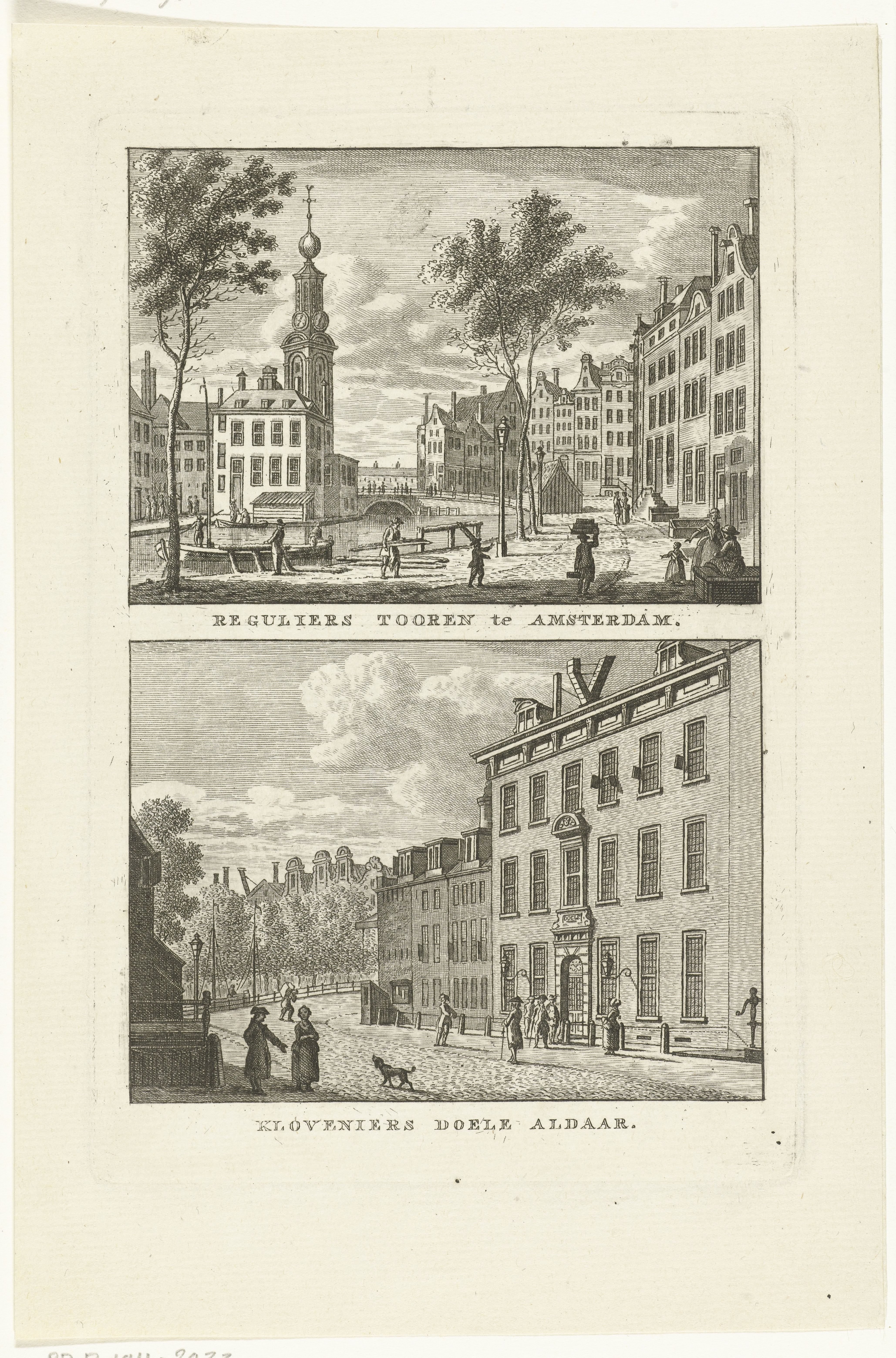 Gezicht op de Munttoren en Kloveniersdoelen te Amsterdam