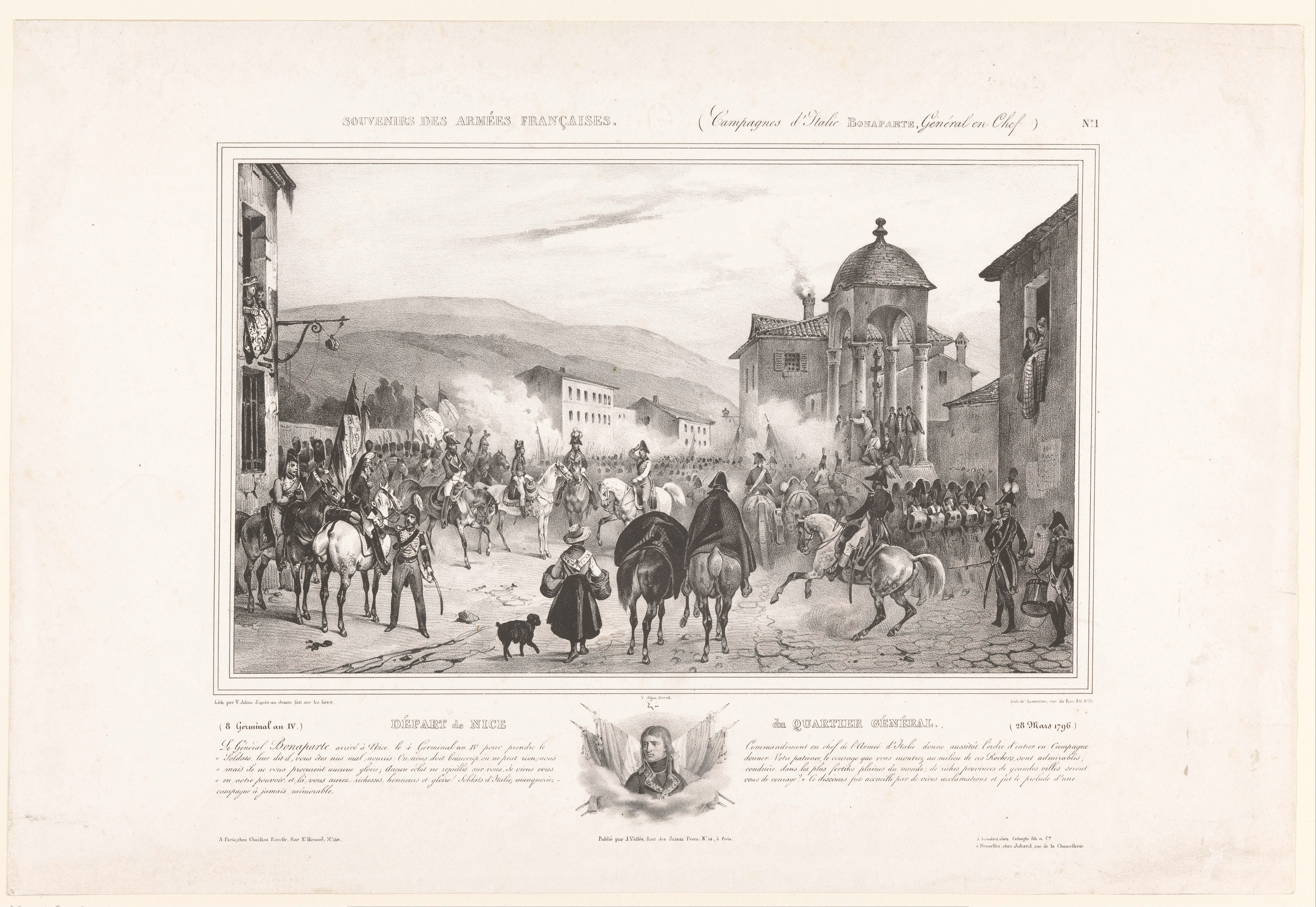 Vertrek van het Franse militaire hoofdkwartier uit Nice en portret van Napoleon Bonaparte