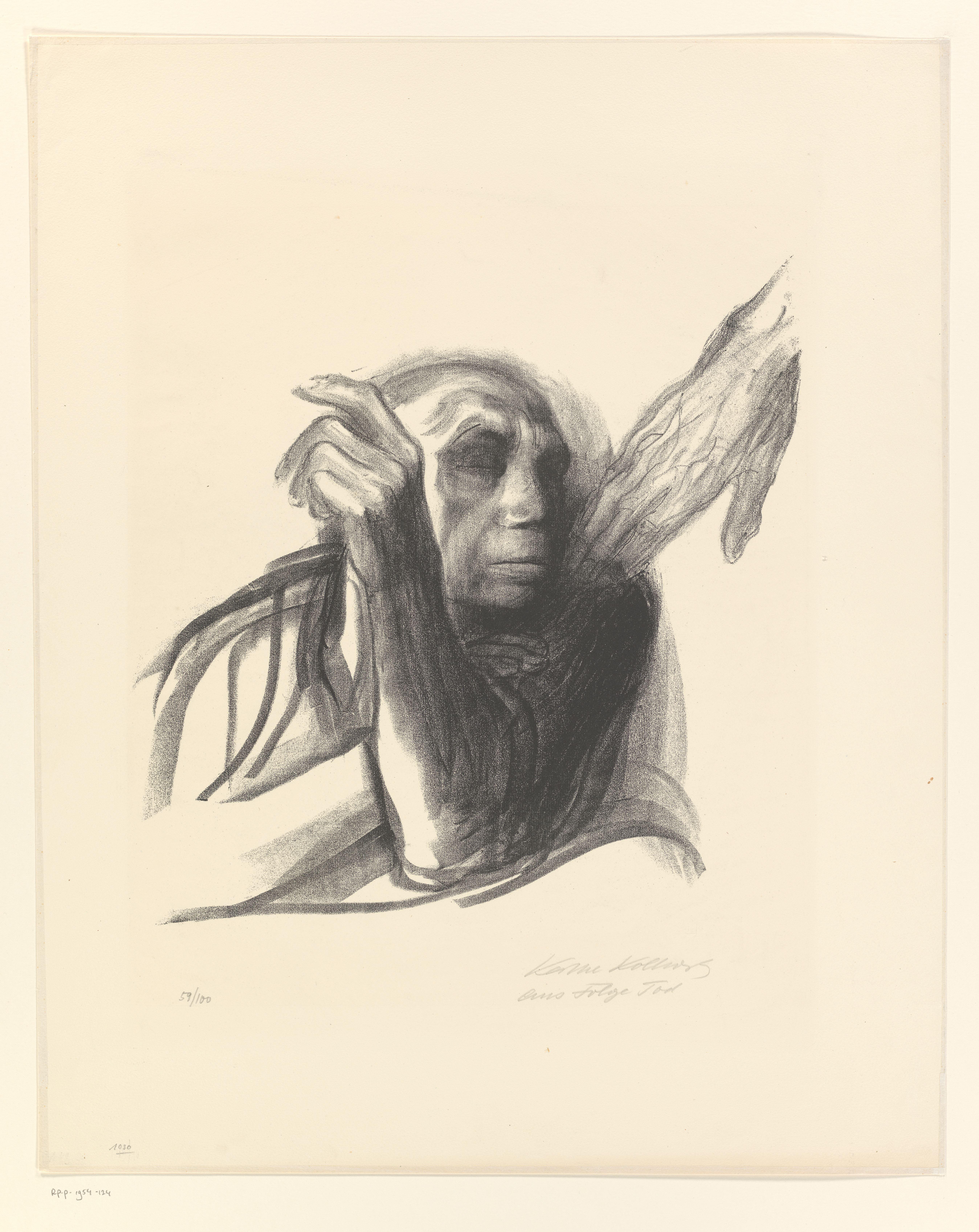 Käthe Kollwitz als oude vrouw met hand op de schouder