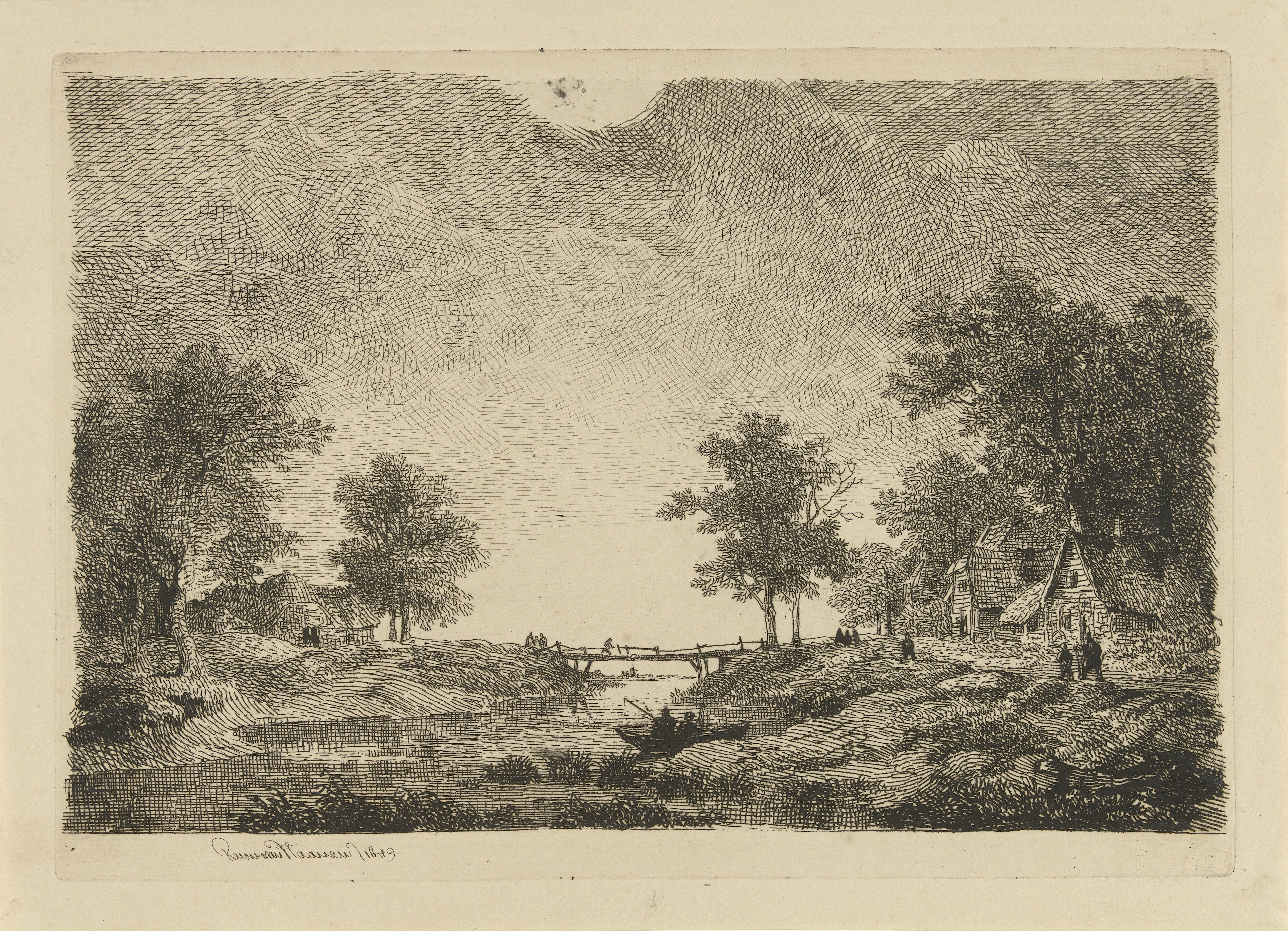 Landschap met figuren bij een brug