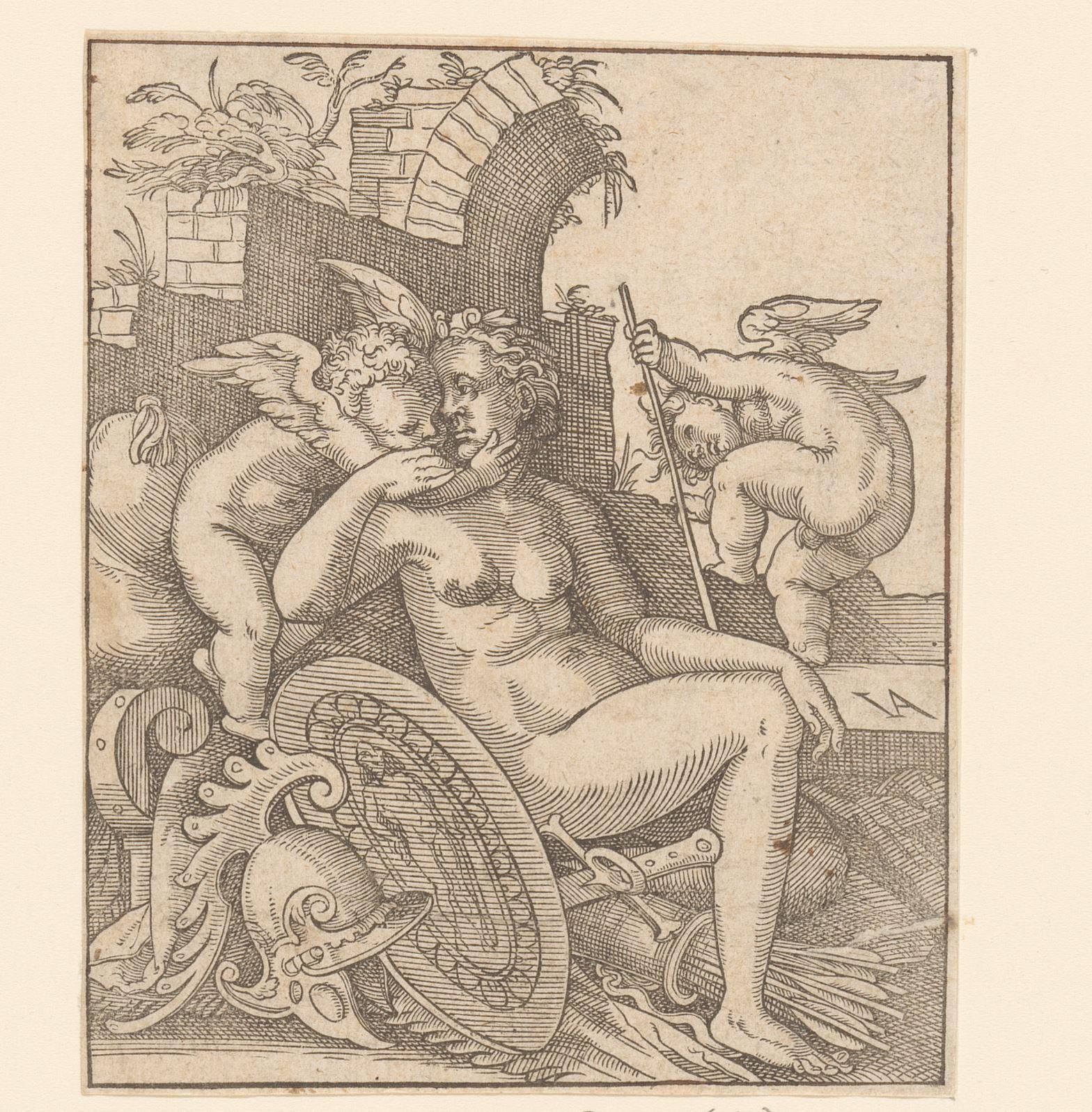 Venus met de wapens de wapens van Mars op de grond
