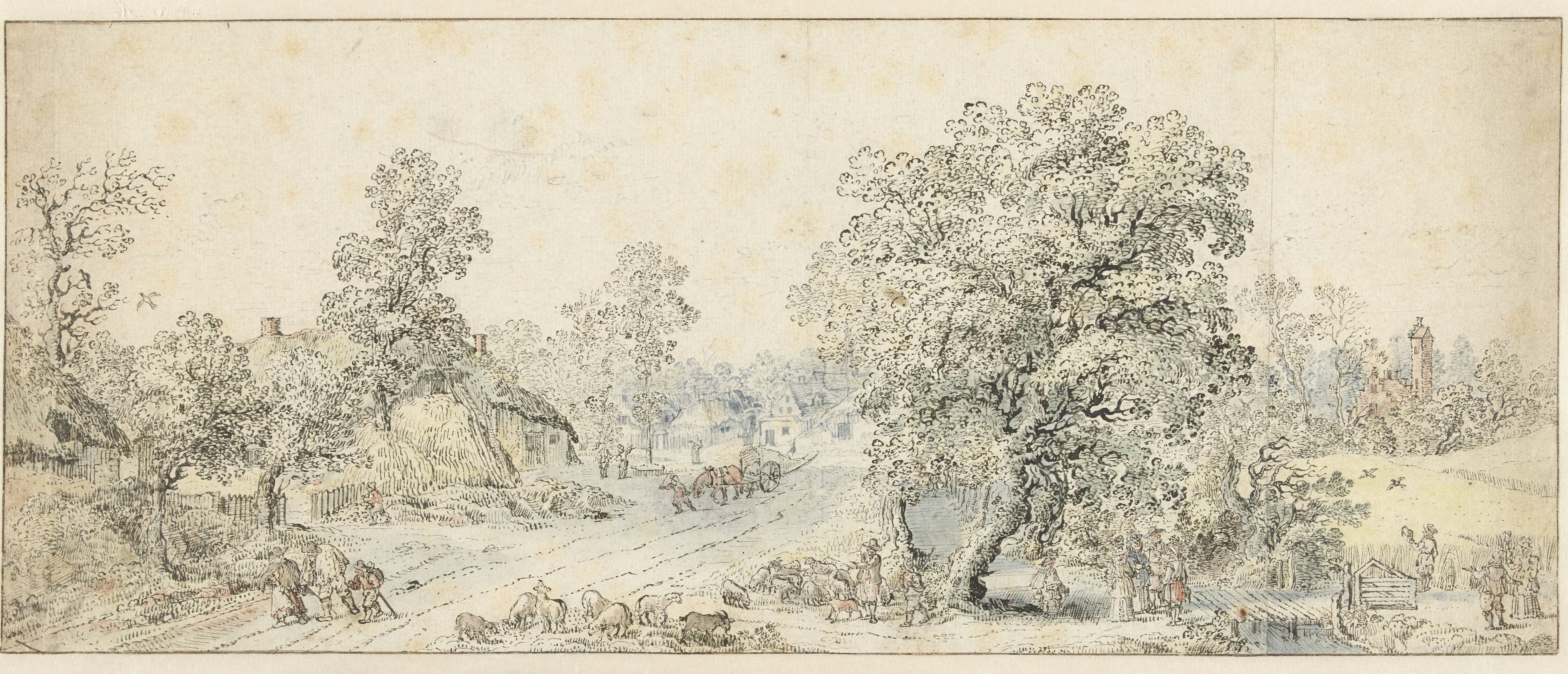 Landschap met wandelaars, een herder en veel andere figuren