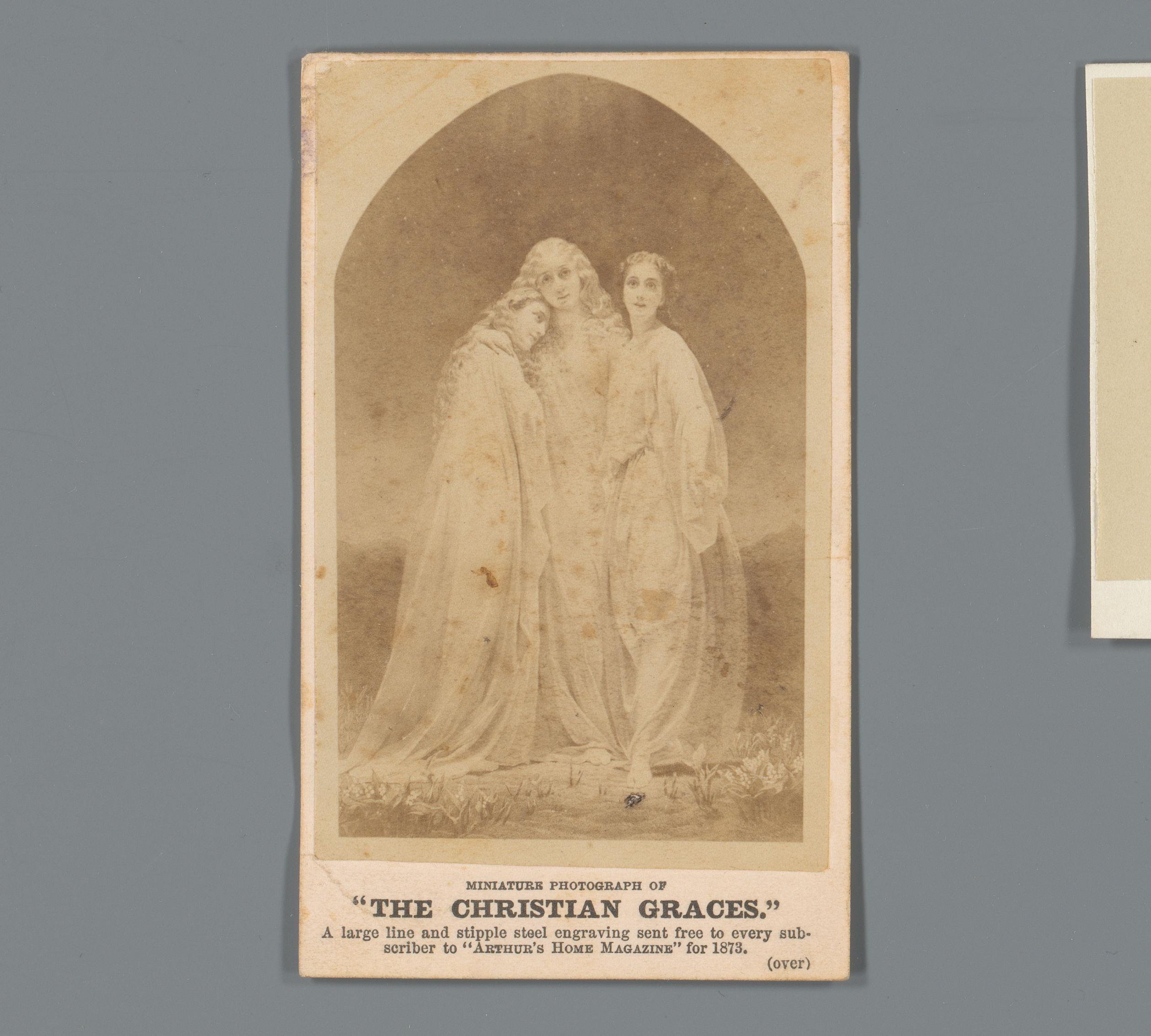 Fotoreproductie van een prent van de drie gratiën uitgegeven door Arthur's Illustrated Home Magazine als bijlage