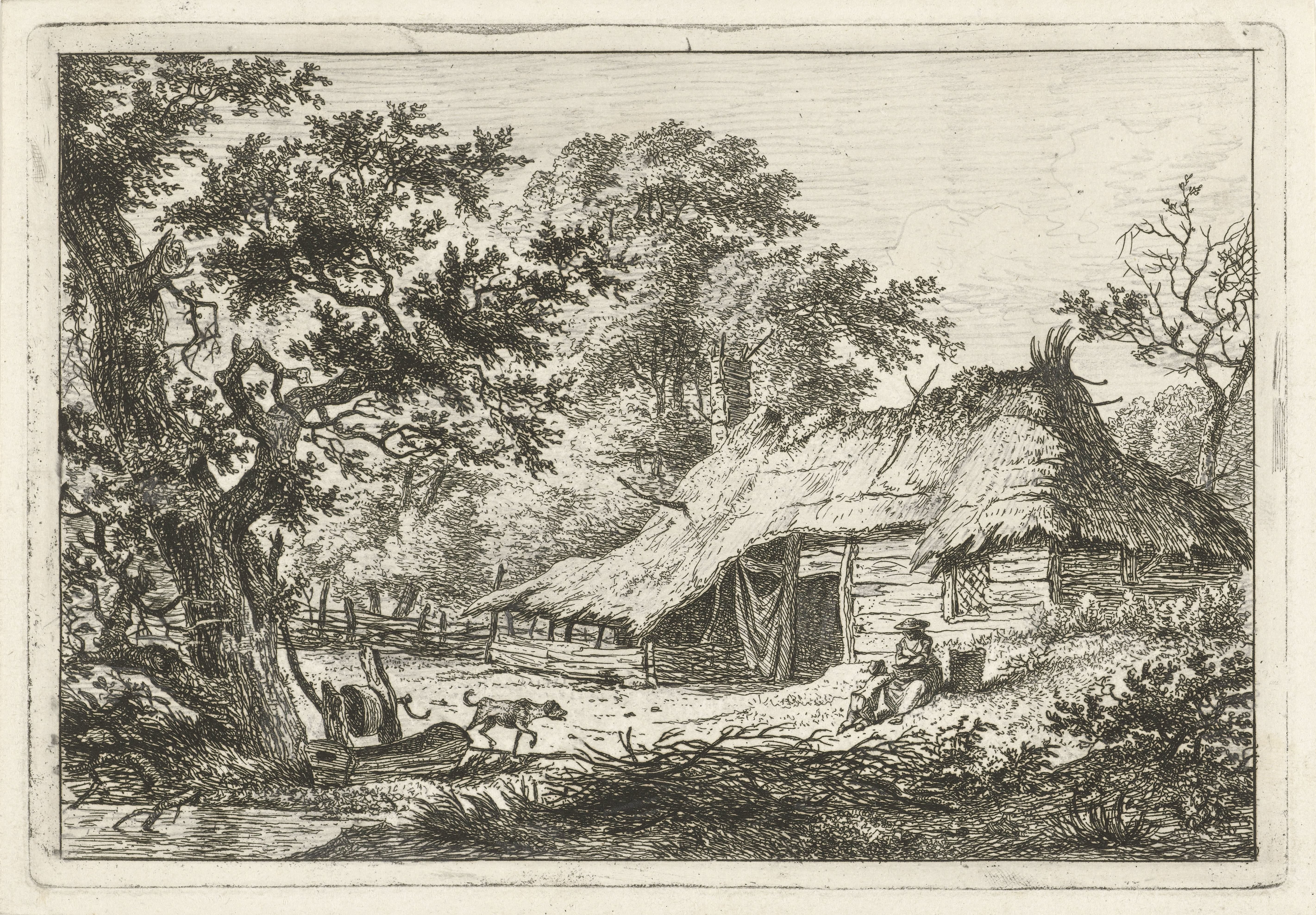 Boerderij met vrouw, kind en hond