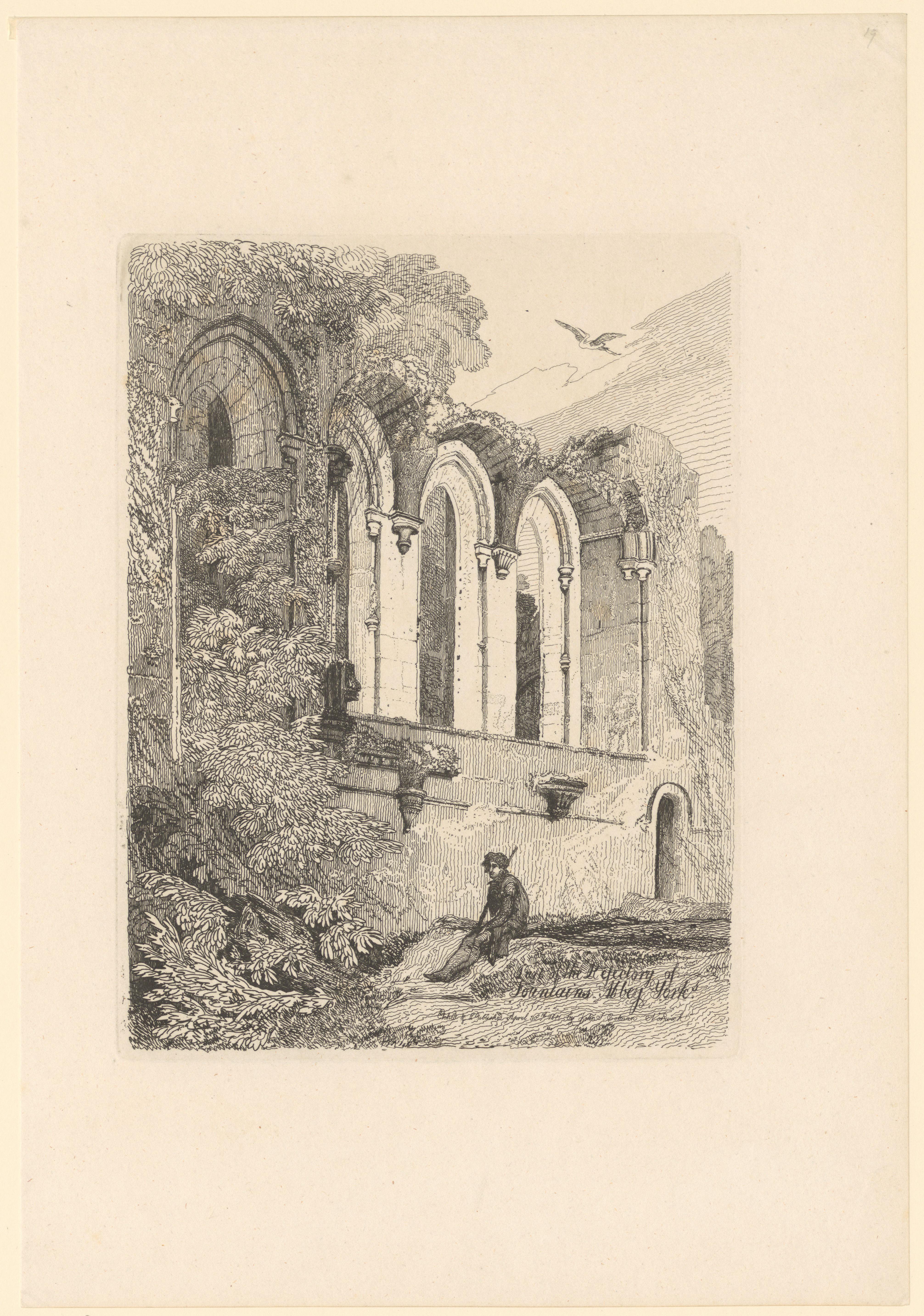 Wandelaar zit voor de ruïne van de refter van Fountains Abbey