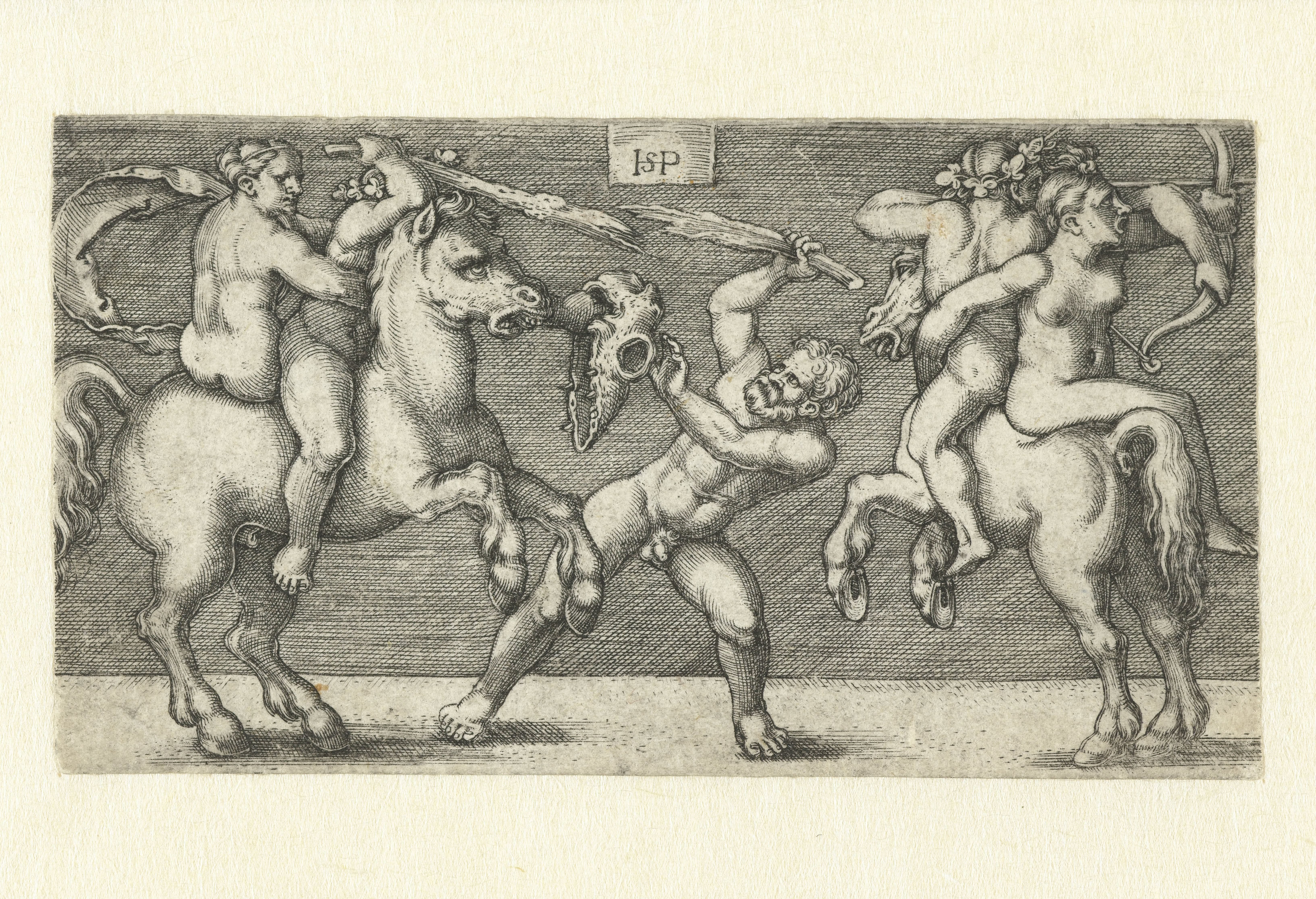 Gevecht tussen twee mannen met vrouwen te paard en een staande man